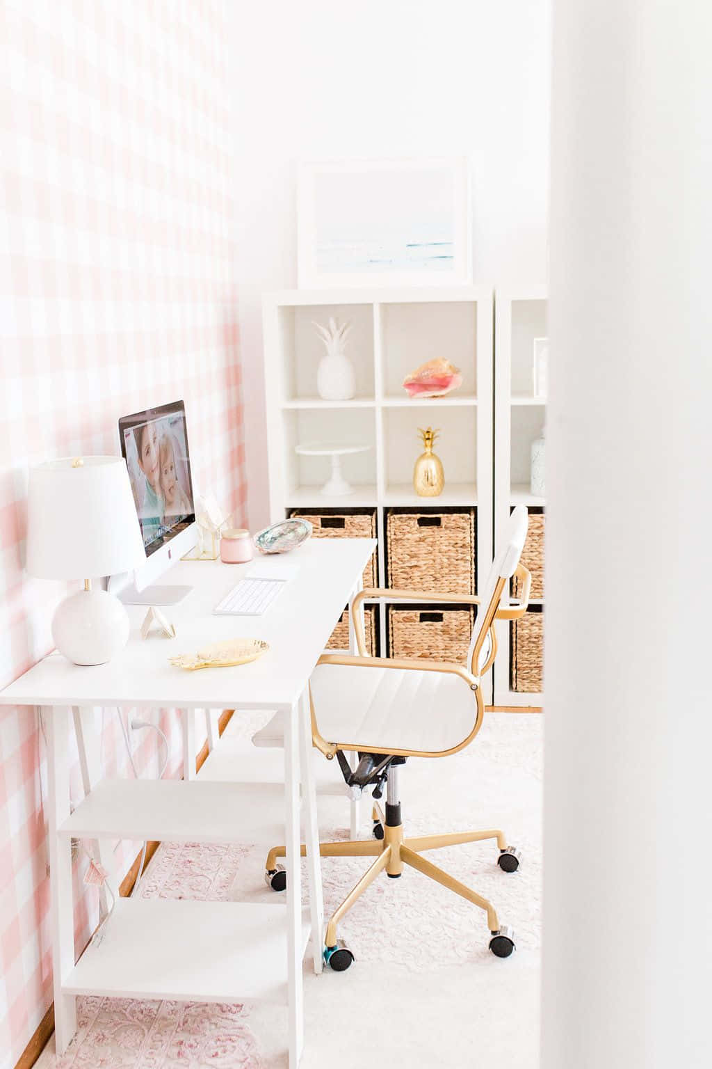pink gingham wallpaper, white desk, gold chair, HD Phone Wallpaper