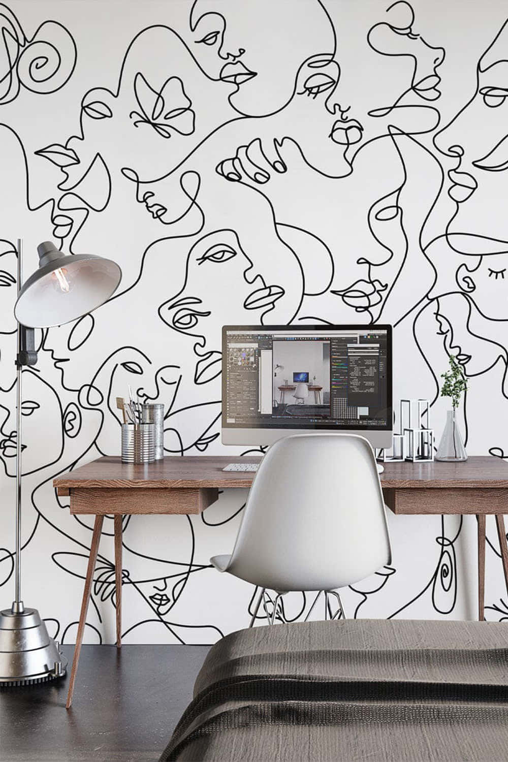 minimalist office, wooden desk, white chair, HD Phone Wallpaper
