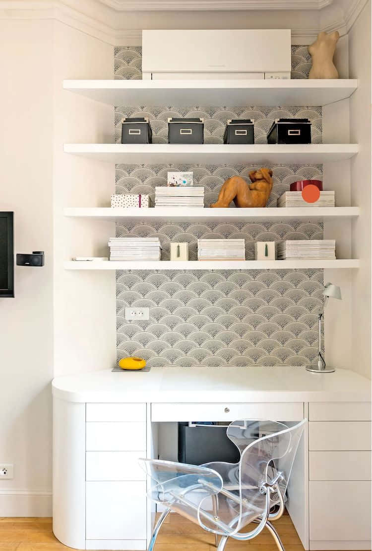 modern white desk, built-in shelves, gray fan-patterned wallpaper, SD Phone Wallpaper