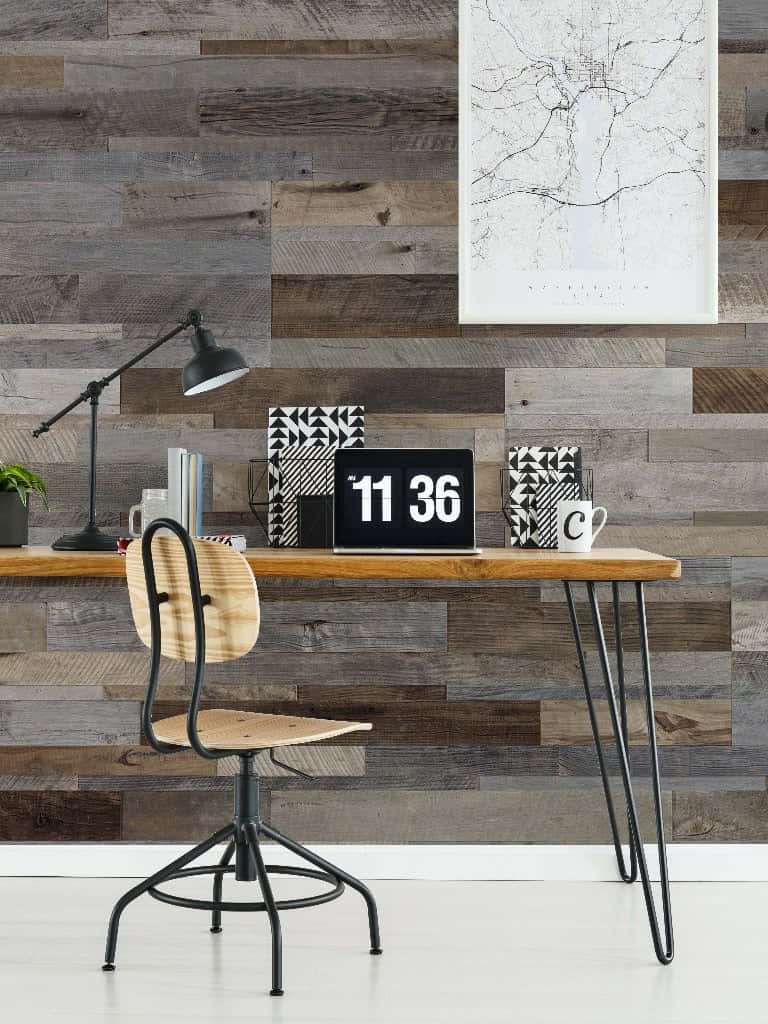 wooden desk, black metal legs, matching chair, SD Phone Wallpaper
