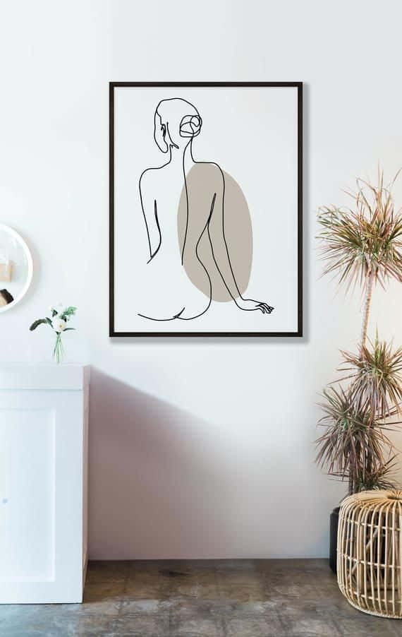 minimalist painting, beige oval accent, modern white room, SD Phone Wallpaper