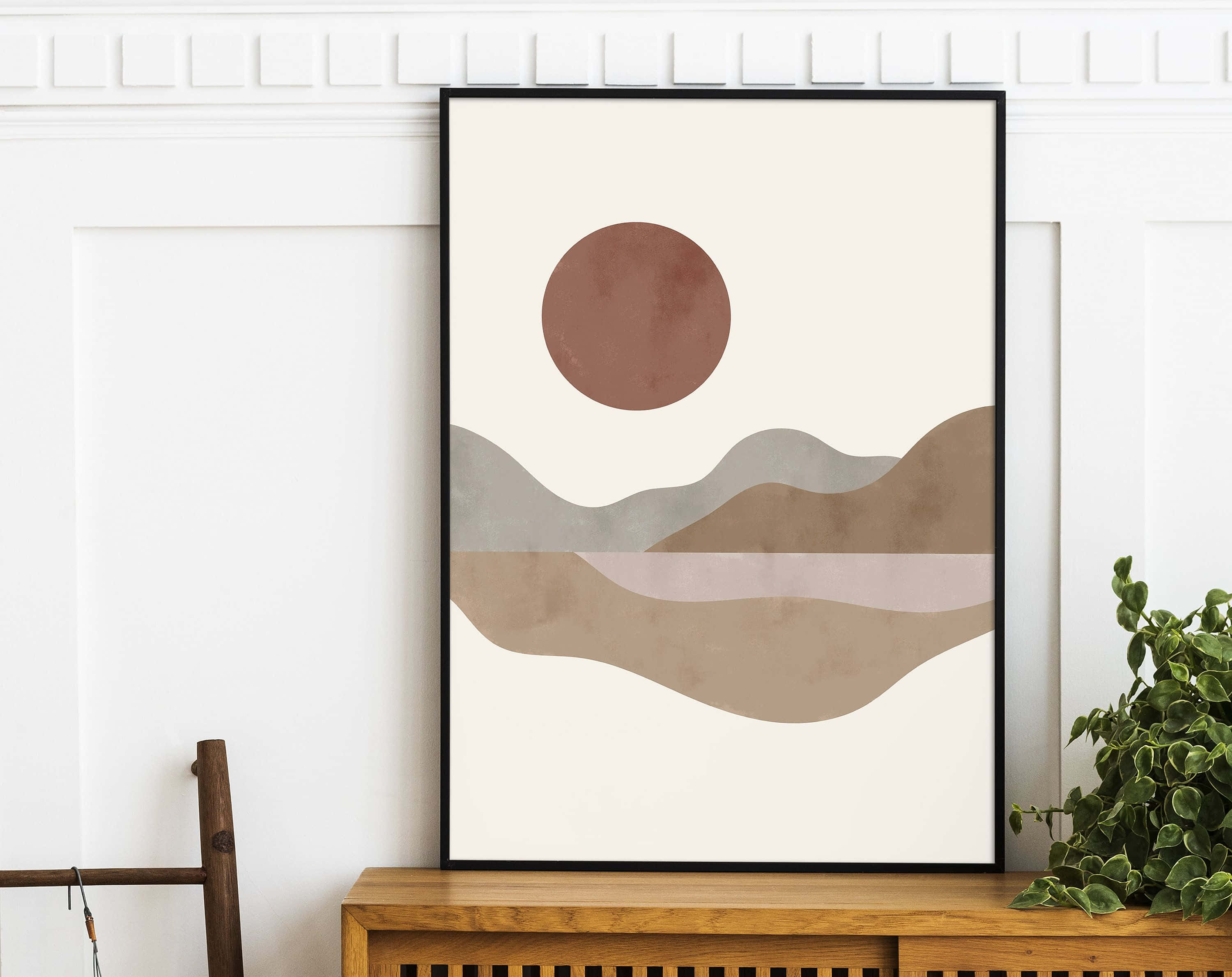 minimalist painting, earth-toned waves, brown circle, 2K Desktop Wallpaper
