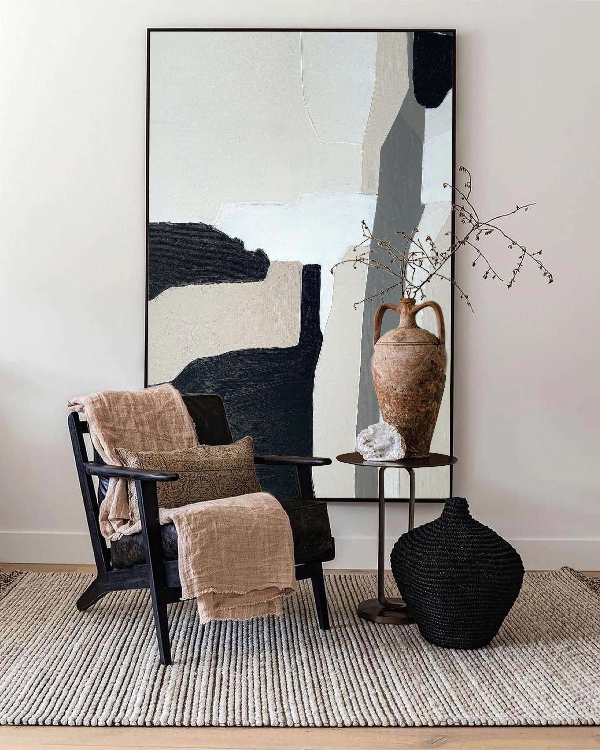 minimalist painting, black chair, beige textiles, Full HD Phone Wallpaper