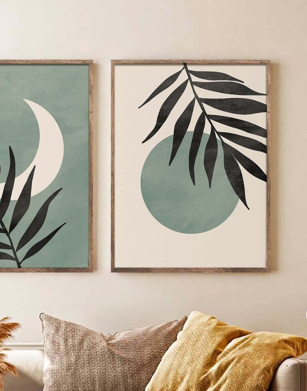 minimalist painting, black palm leaves, teal circles, HD Phone Wallpaper