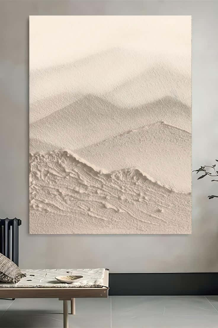 minimalist painting, beige textured mountain wall art, wooden bench, SD Phone Wallpaper