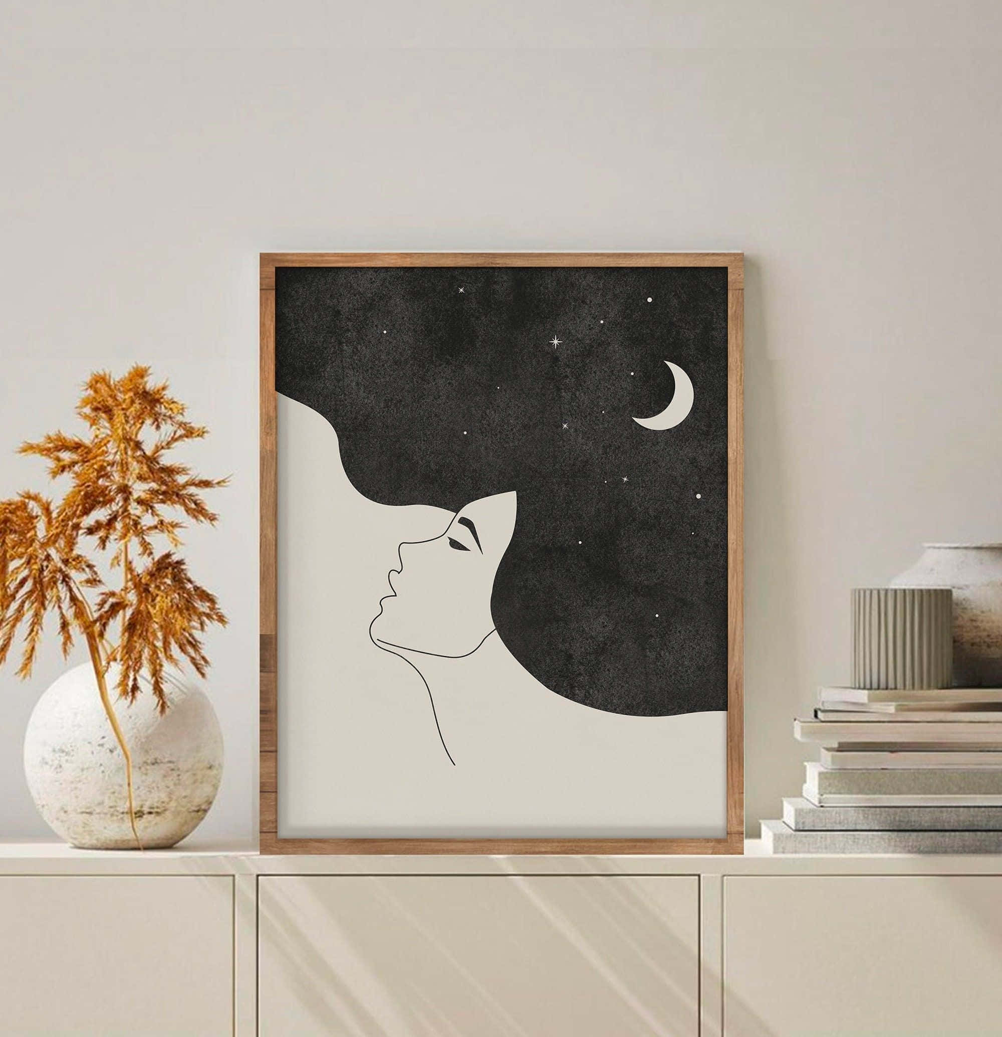 minimalist painting, starry night sky, crescent moon, Full HD Phone Wallpaper