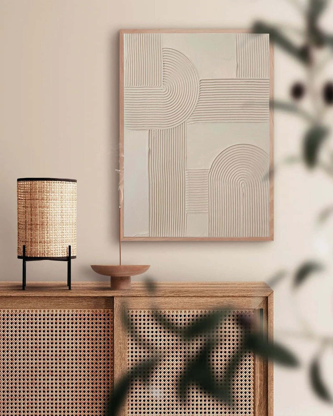 minimalist painting, curved lines, wooden cane sideboard, HD Phone Wallpaper