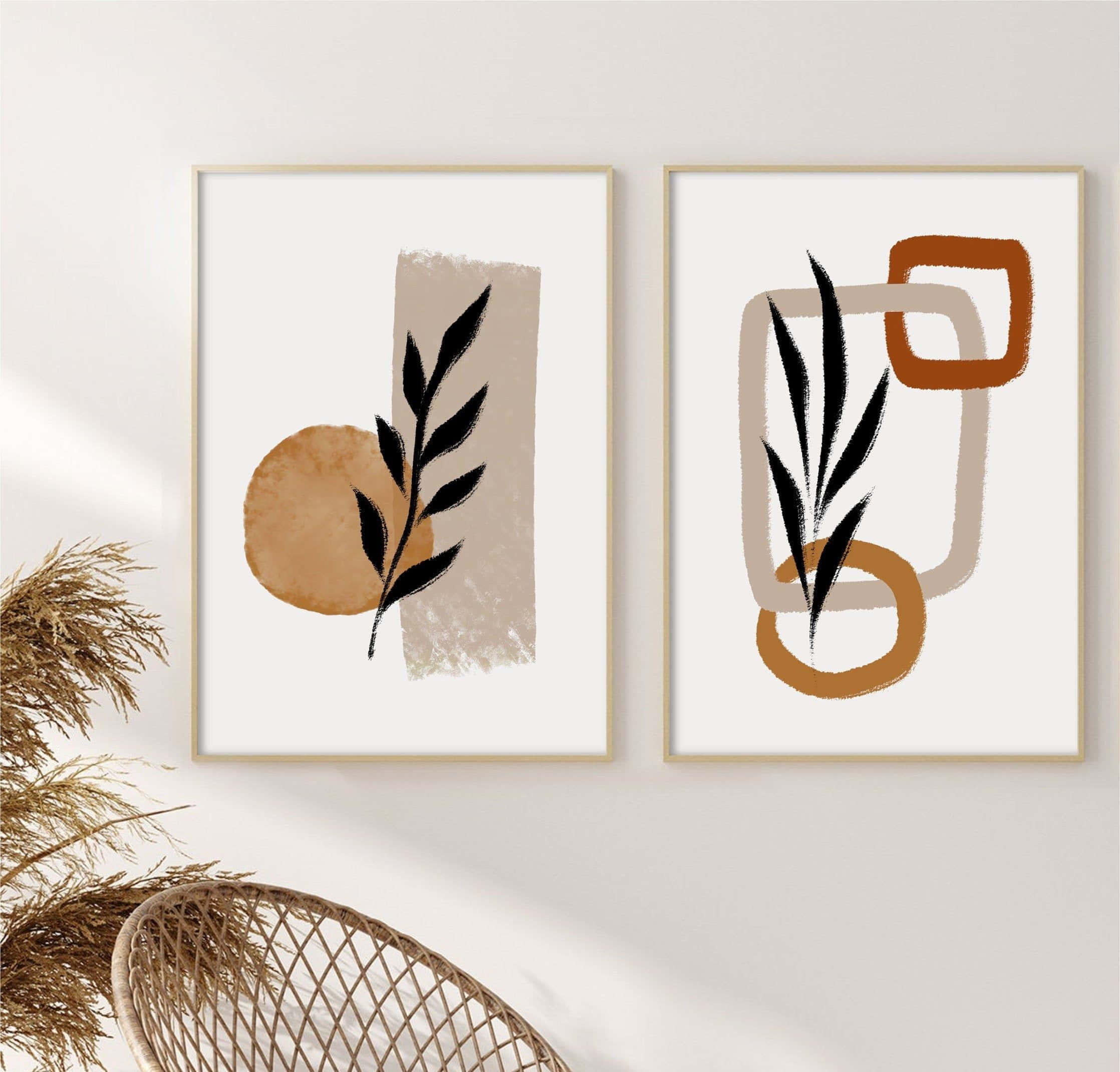 minimalist painting, black leaf silhouettes, earthy geometric shapes, Full HD Desktop Wallpaper
