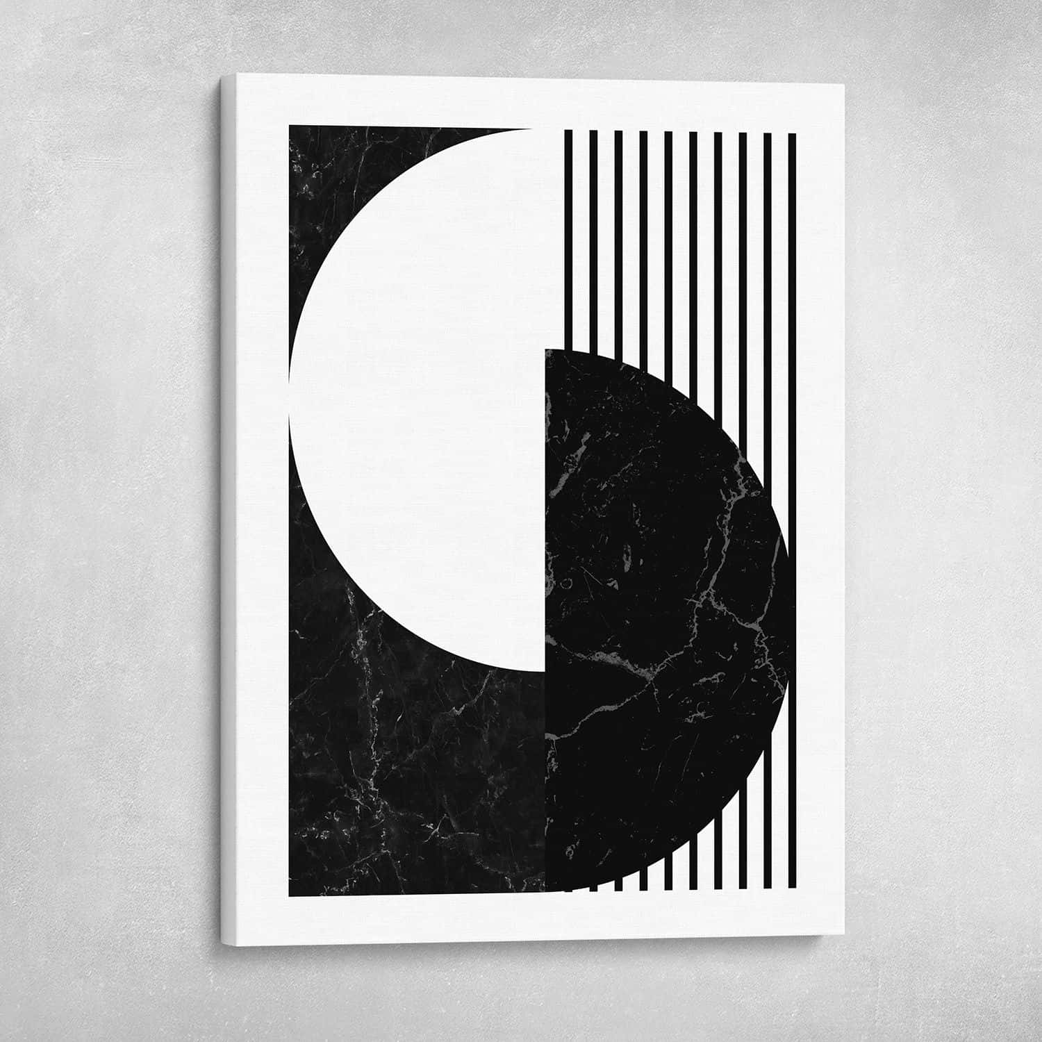 minimalist black and white abstract canvas art piece, marble-textured circle, vertical lines, HD Desktop Wallpaper