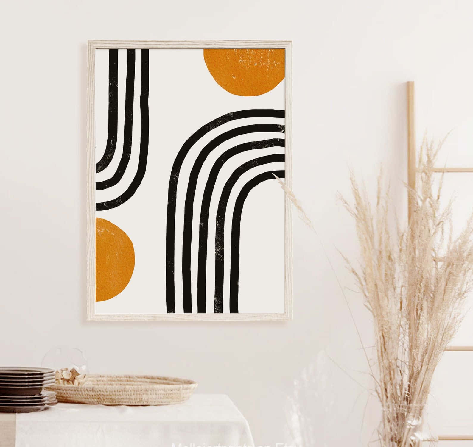 modern minimalist art, bold black curves, orange circles, HD Desktop Wallpaper