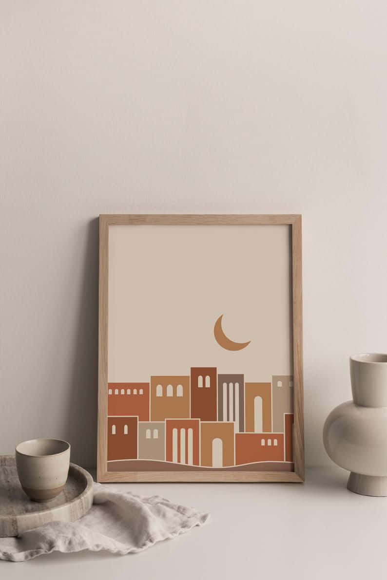 minimalist painting, terracotta buildings, crescent moon, SD Phone Wallpaper
