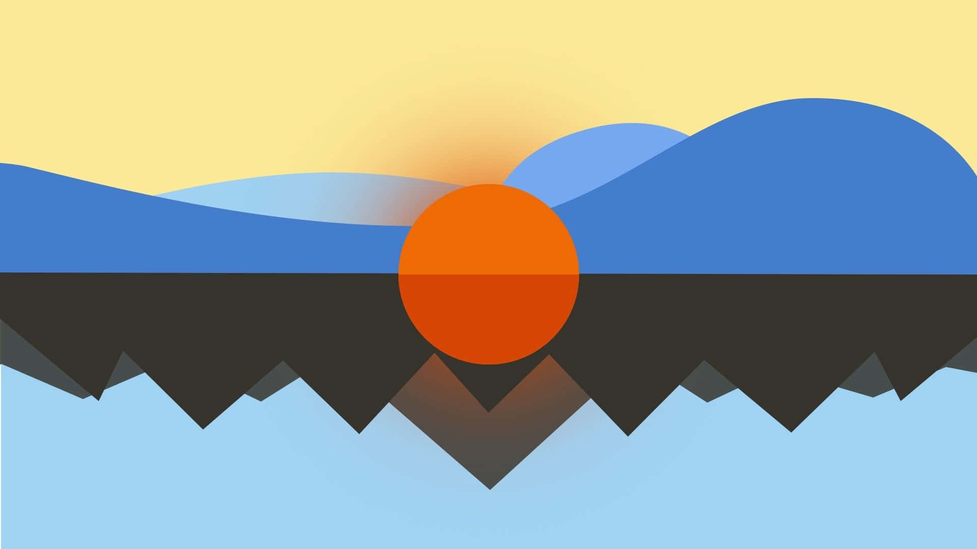 orange sun, jagged dark mountains, layered blue hills, Full HD Desktop Wallpaper