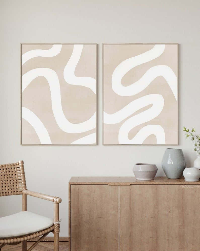 beige abstract art pieces, white flowing lines, wooden cabinet, SD Phone Wallpaper