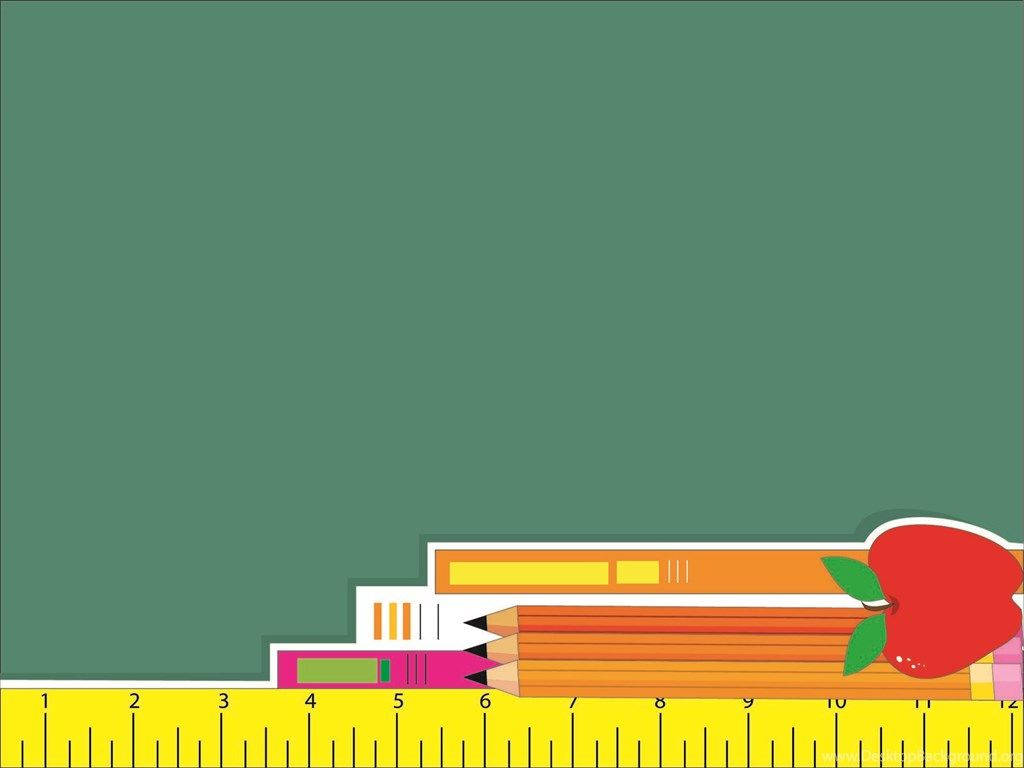 bright yellow ruler, colorful pencils, red apple, SD Desktop Wallpaper
