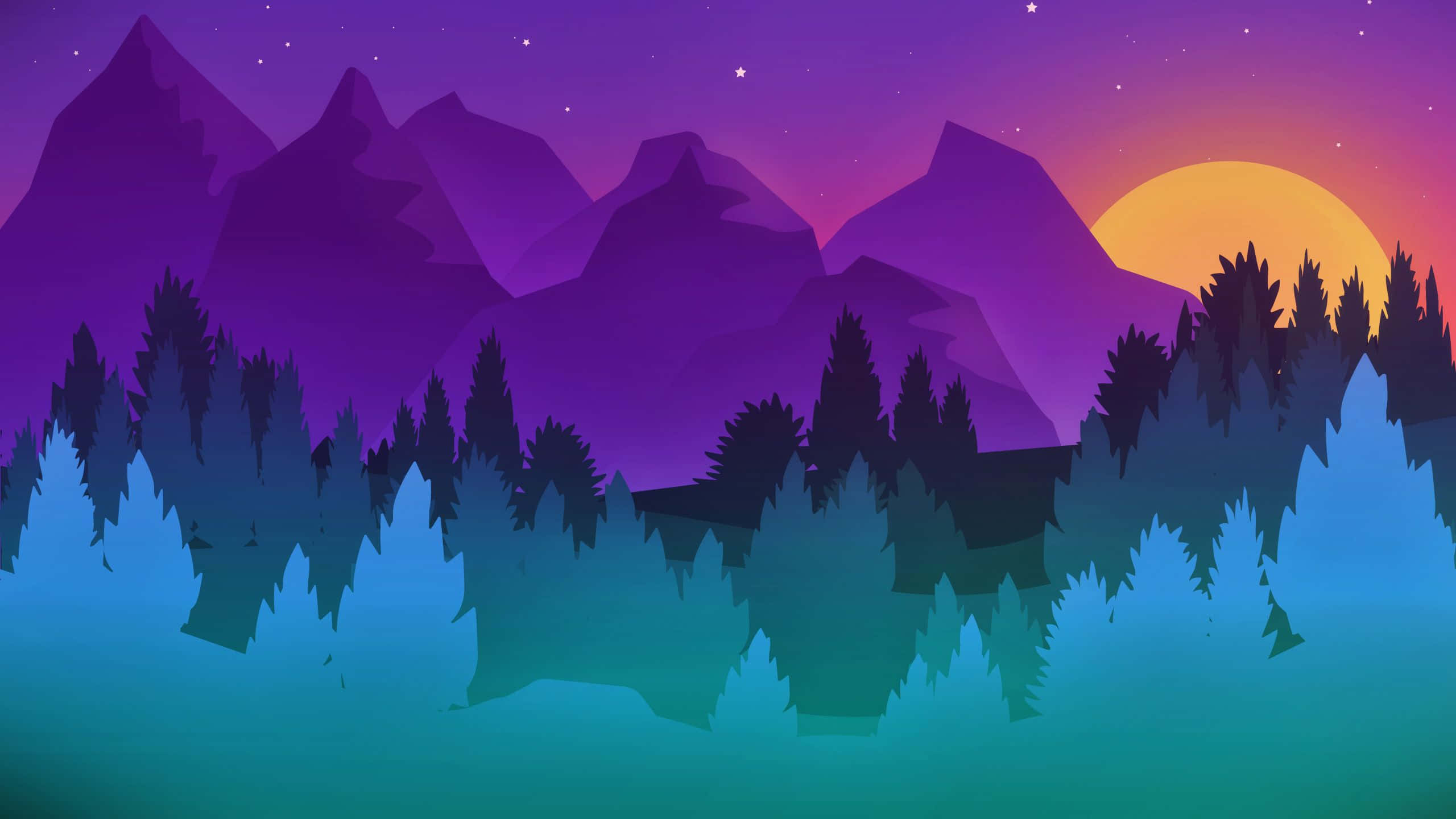 vibrant purple and orange sunset sky, stars, stylized mountain range, 2K Desktop Wallpaper