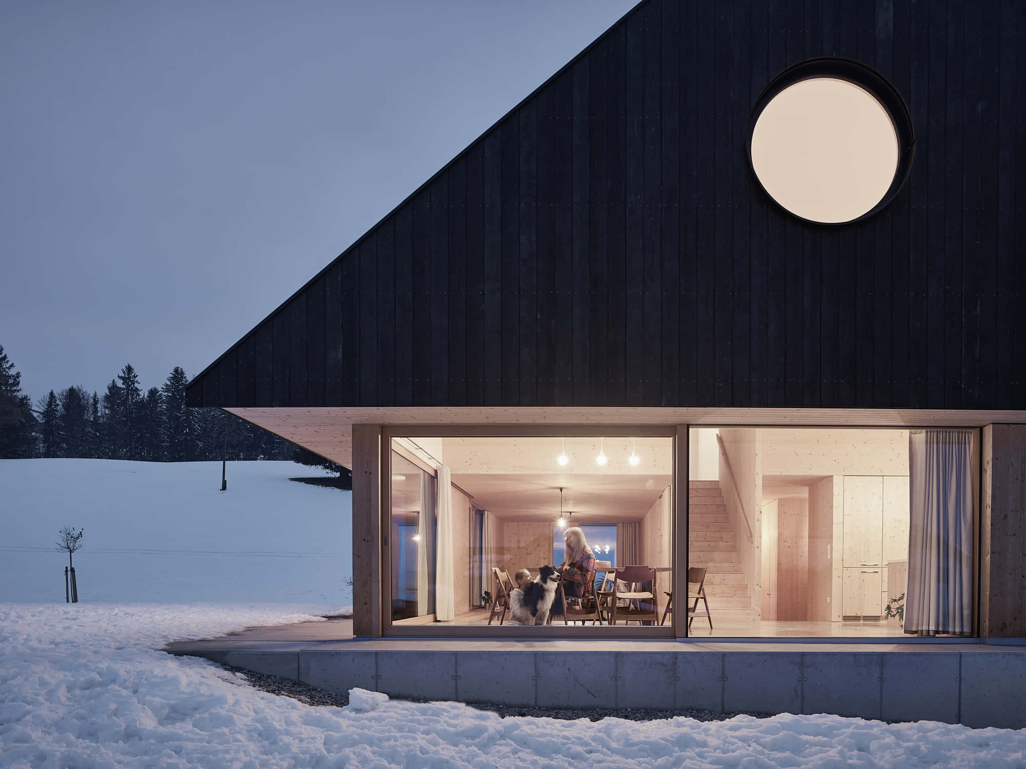 minimalist architecture, black wooden cabin, circular window, Full HD Desktop Wallpaper