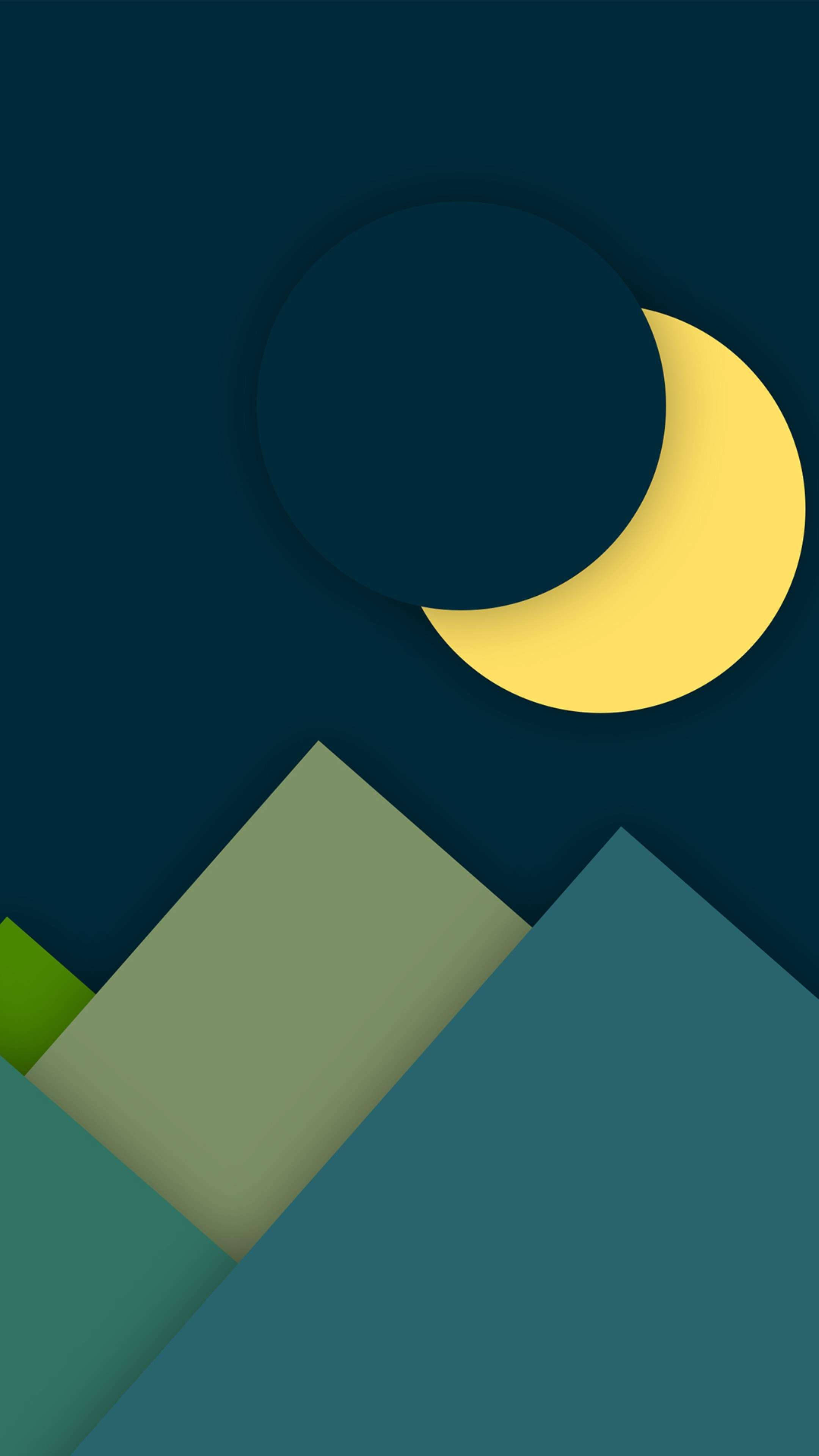 Night Minimalist Phone, crescent moon, abstract geometric mountain shapes, 4K Phone Wallpaper