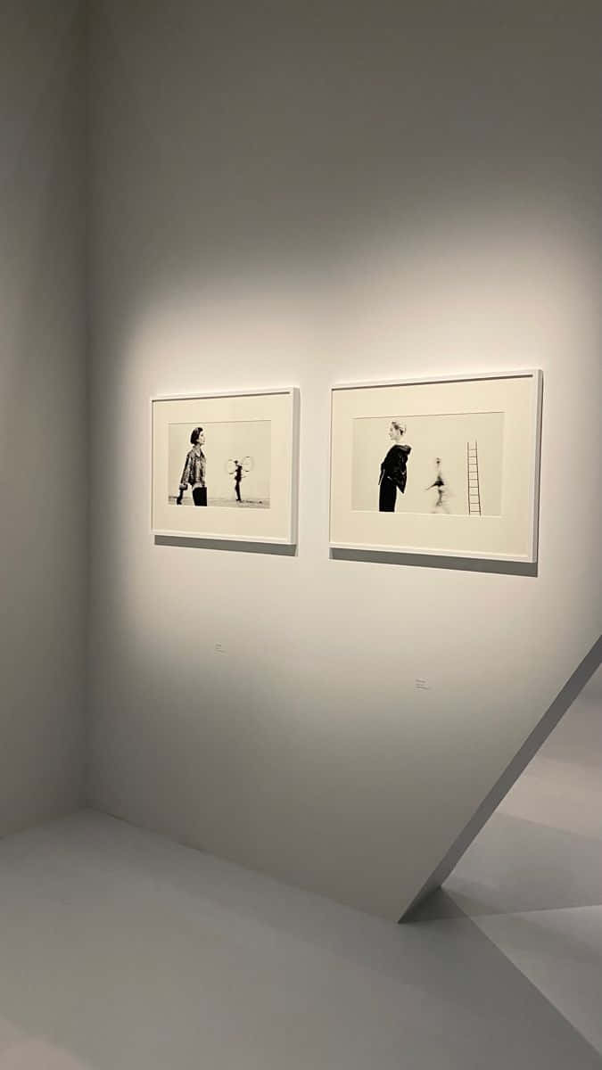 black and white photographs, minimalist white gallery wall, spotlights, SD Phone Wallpaper