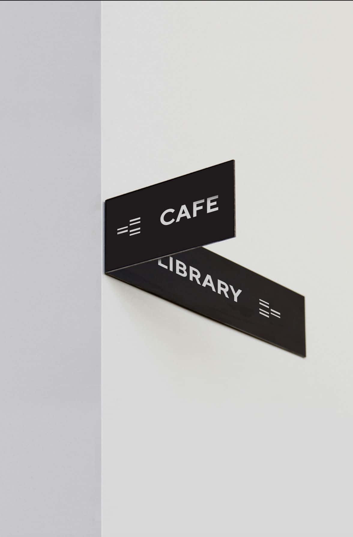 minimalist white walls, modern black angled signs, cafe, HD Phone Wallpaper