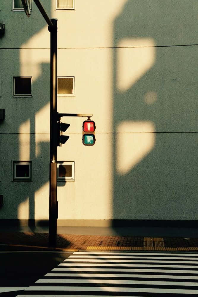 red and green pedestrian traffic light, sunlit urban building wall, zebra crossing, SD Phone Wallpaper