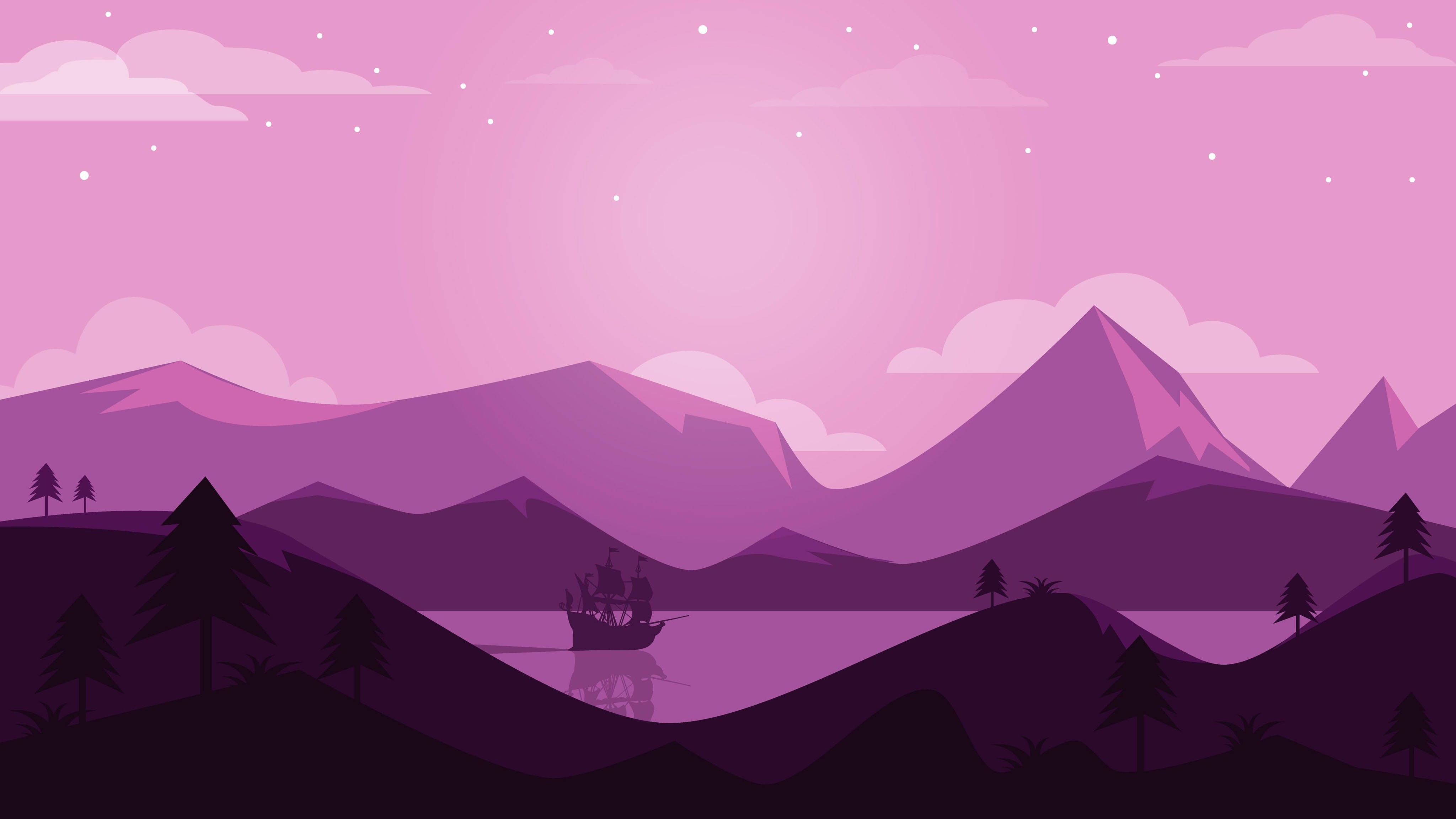 purple mountains, dusk, ship, 4K Desktop Wallpaper