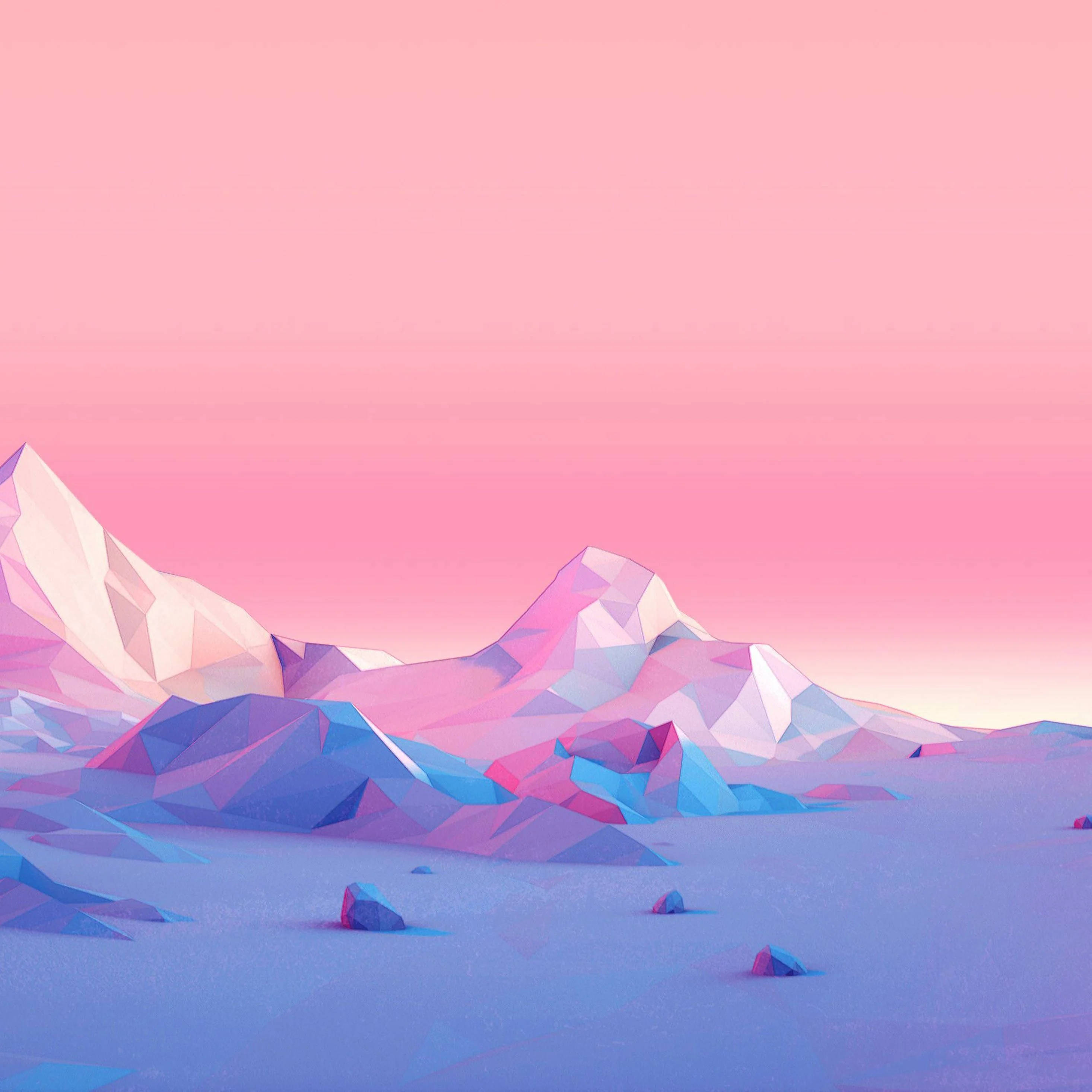 low-poly mountains, soft pink and blue hues, gradient pink sky, 2K Desktop Wallpaper