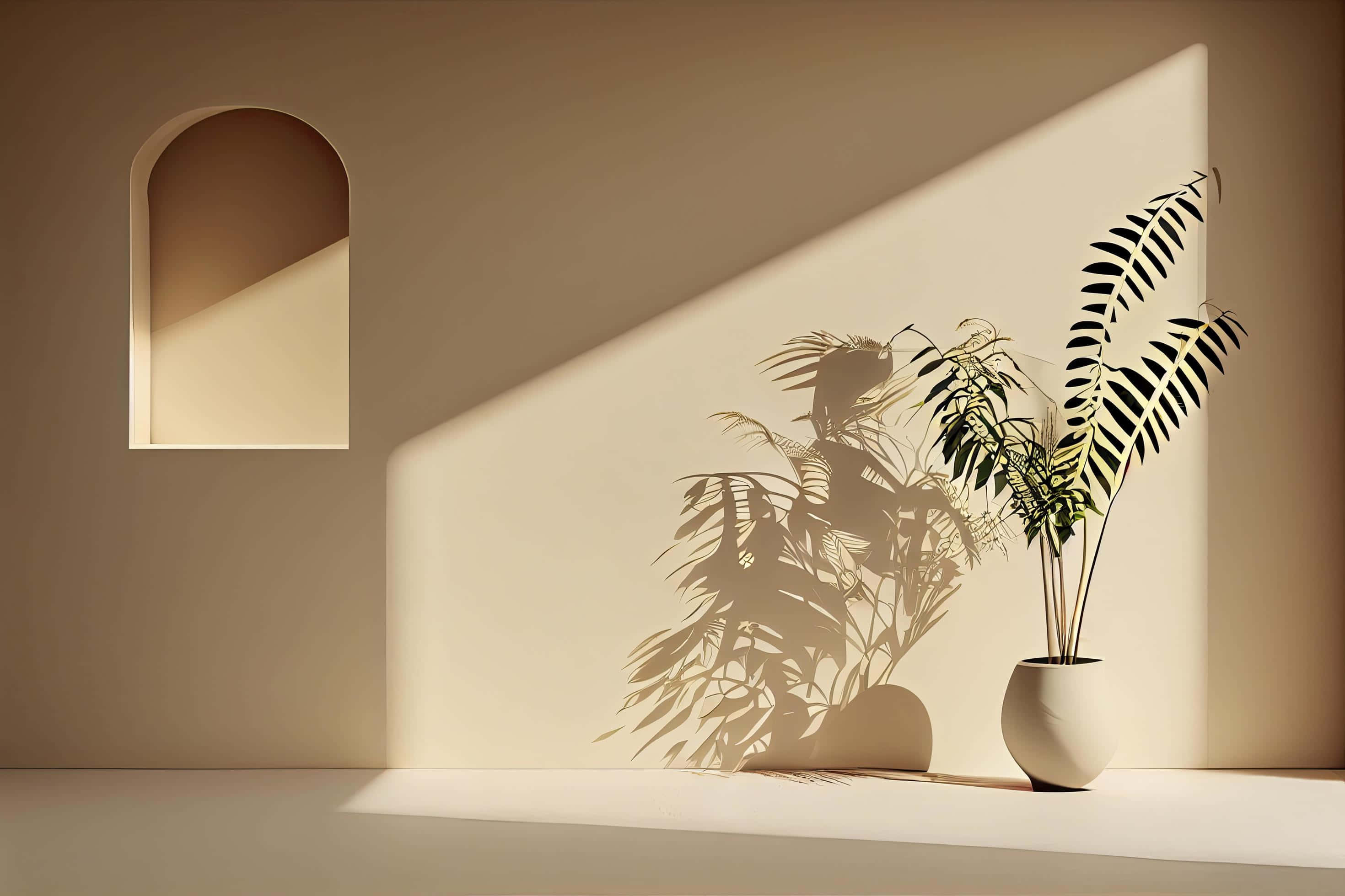 soft beige aesthetic, potted palm, beige wall, 2K Desktop Wallpaper
