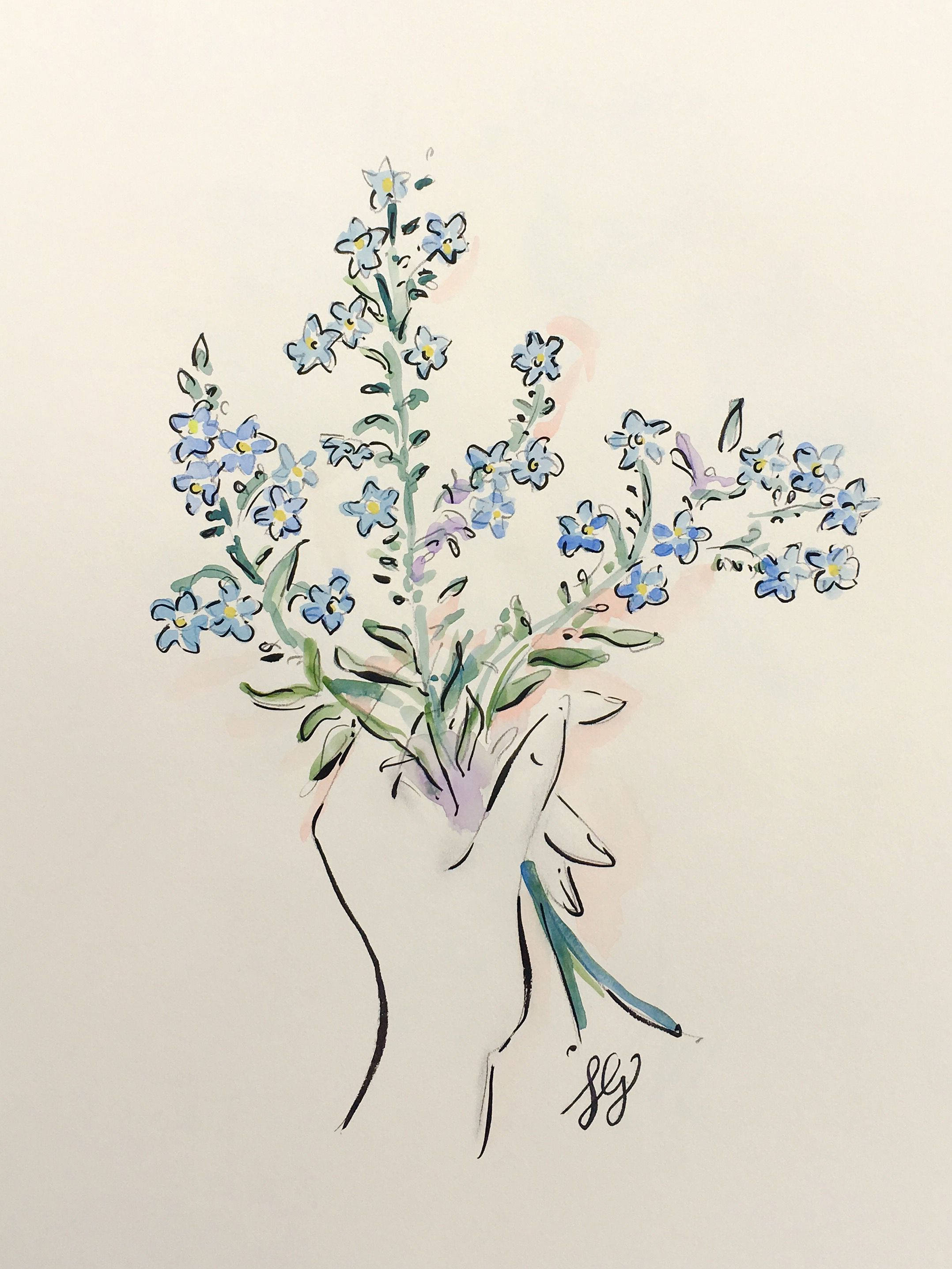 minimalist plant hand drawing, blue forget-me-nots, green stems, 2K Phone Wallpaper