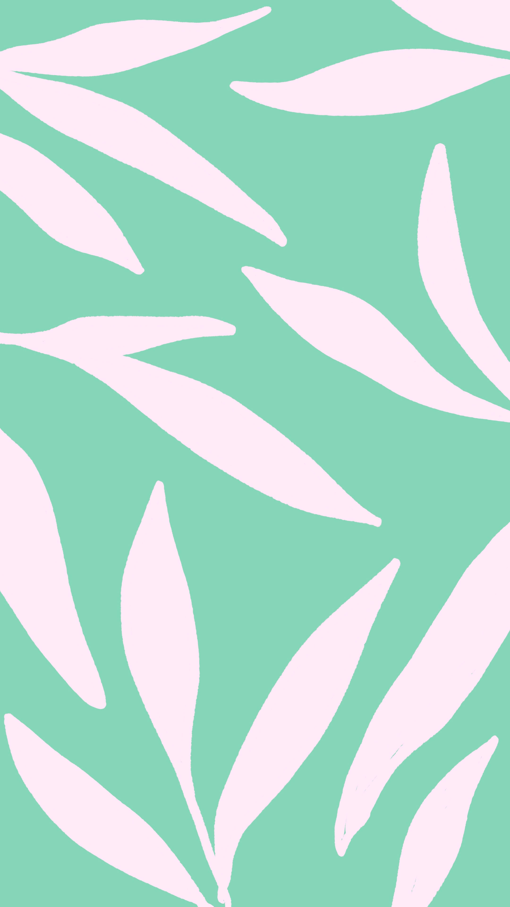 green pastel, mint green background, soft pink leaf shapes, 4K Phone Wallpaper