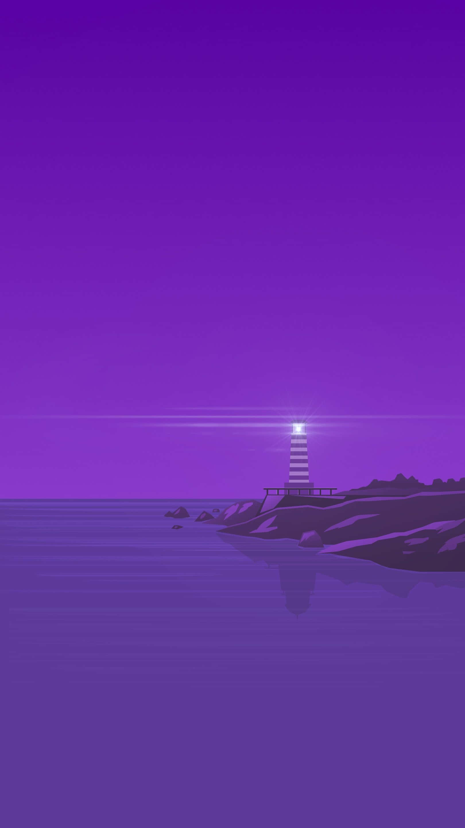 glowing lighthouse, rocky shore, gradient purple sky, 2K Phone Wallpaper