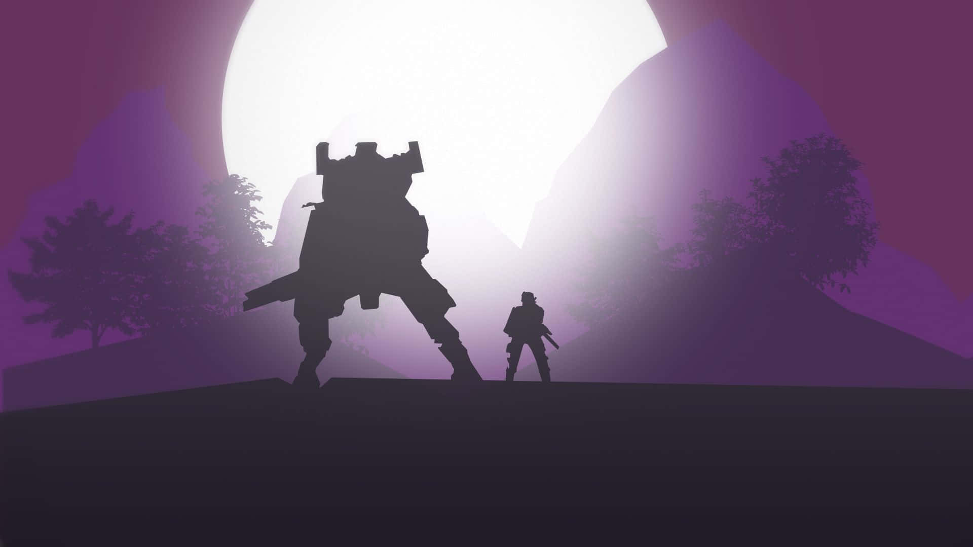 minimalist purple, giant mech, lone soldier, Full HD Desktop Wallpaper