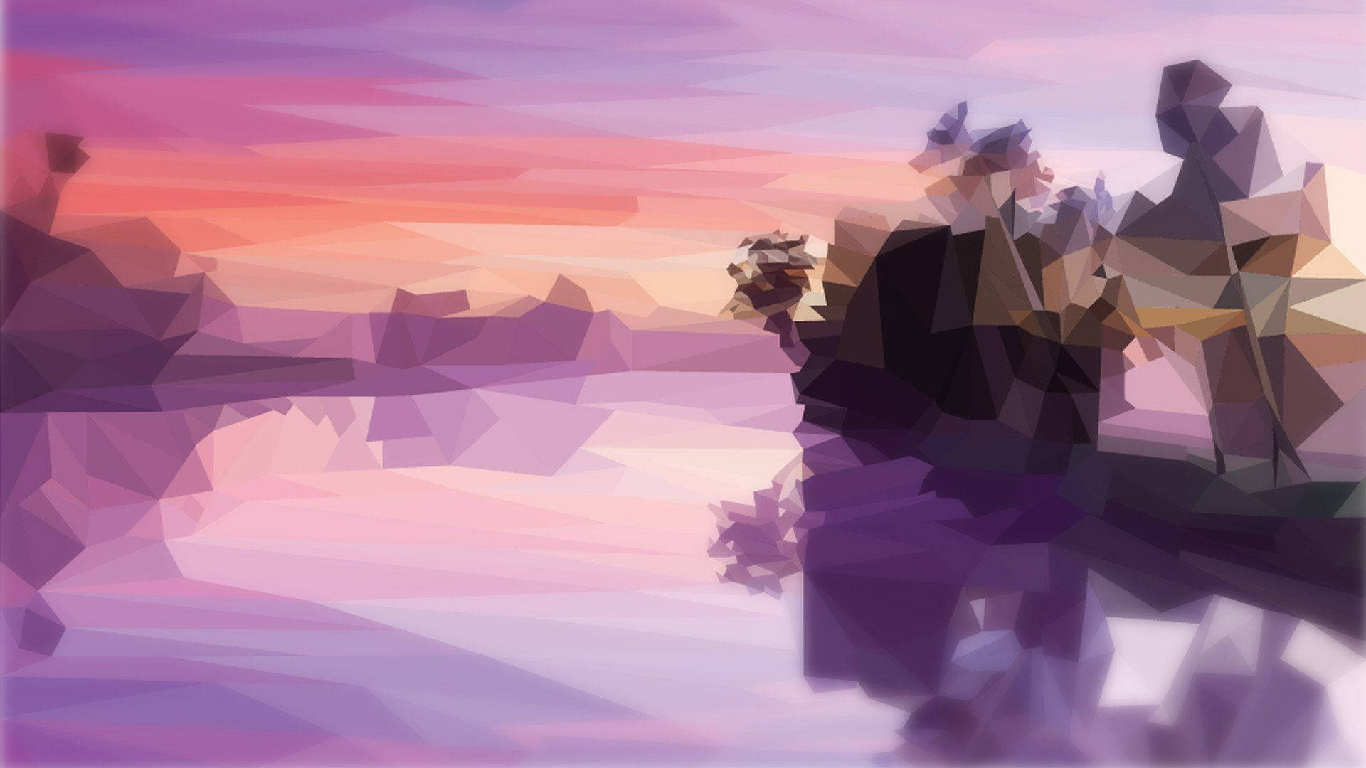 violet landscape, low poly, sunset, Full HD Desktop Wallpaper
