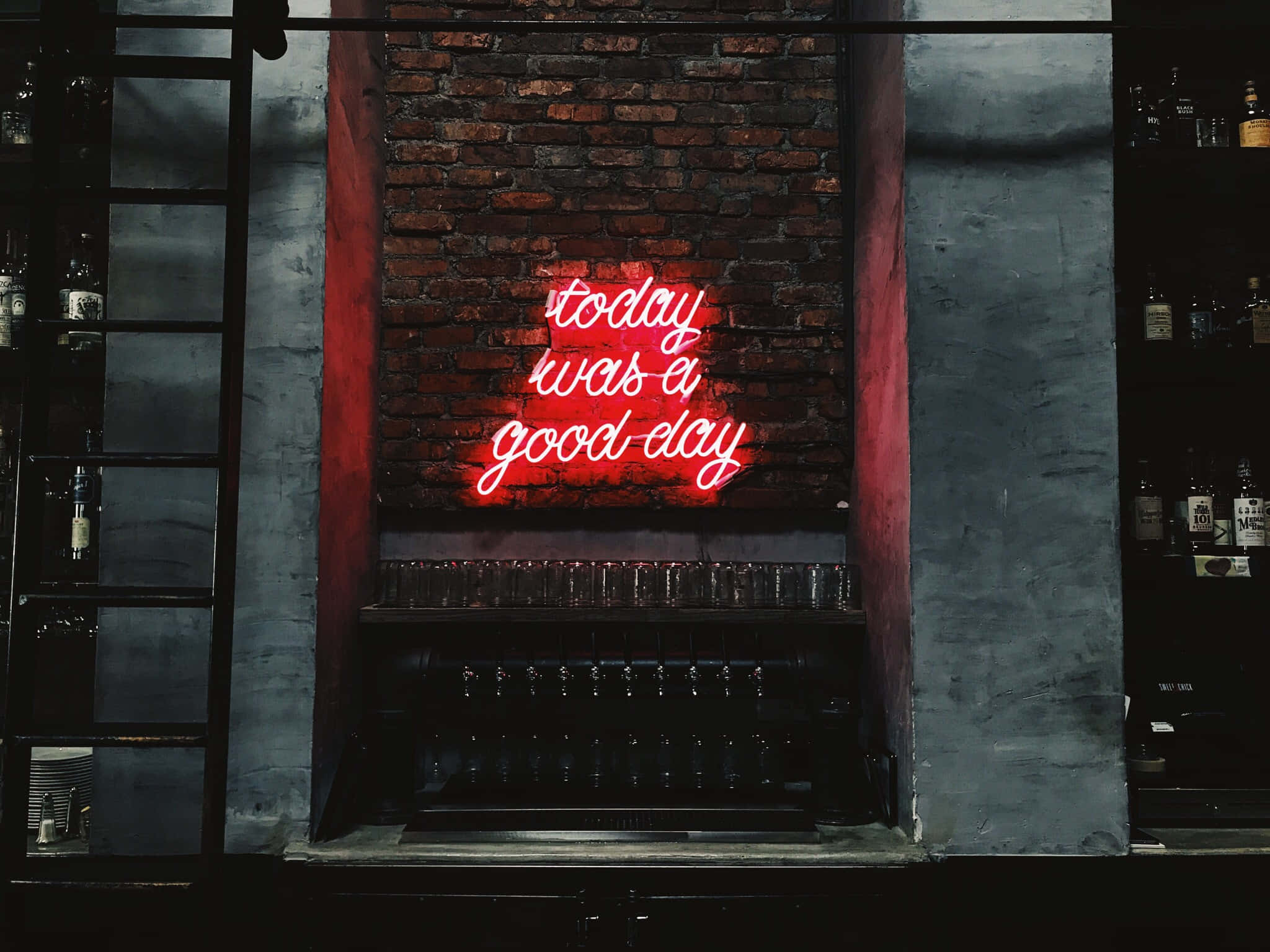 glowing red neon sign, today was a good day, brick wall, Full HD Desktop Wallpaper
