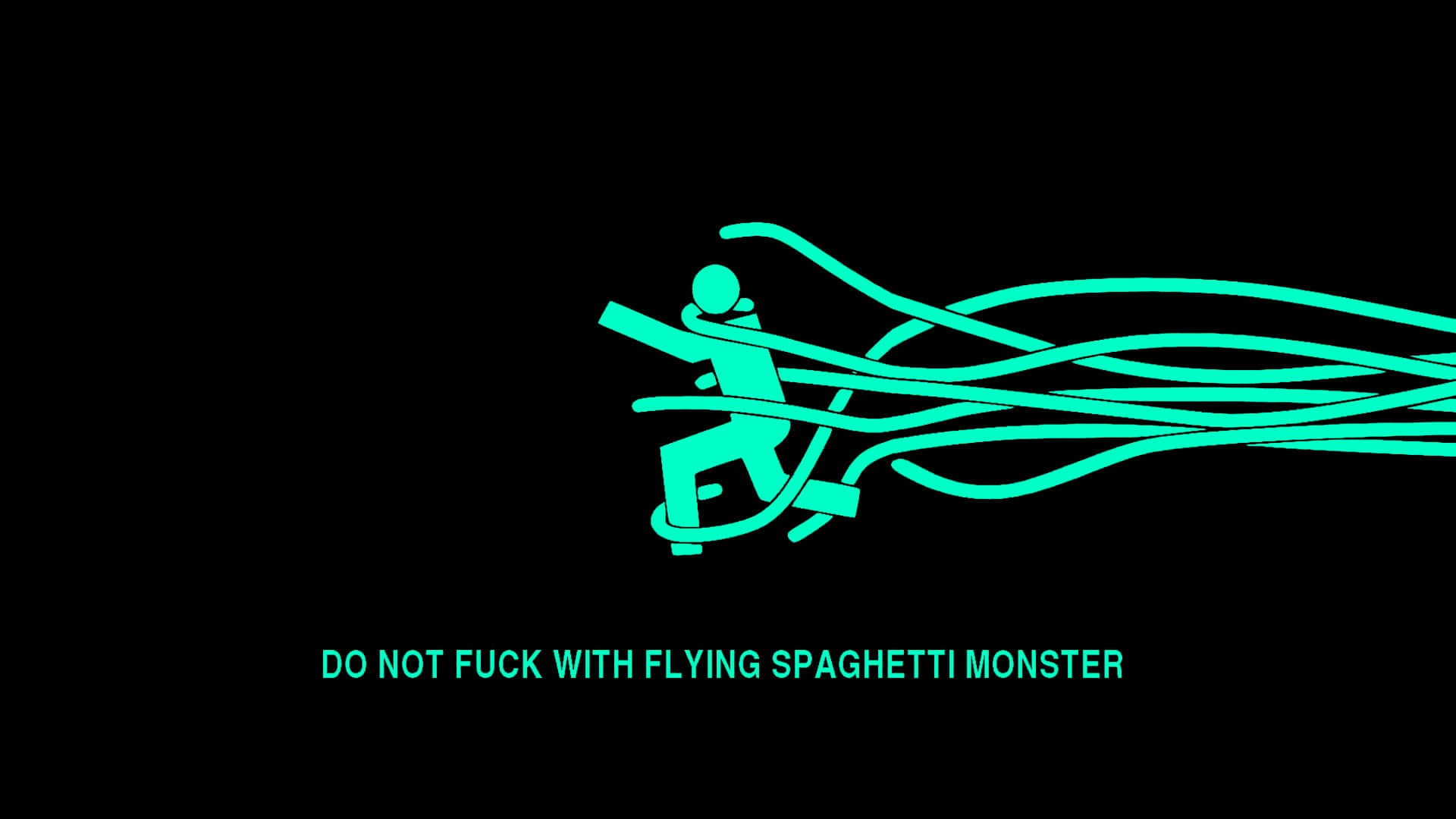 glowing teal stick figure, spaghetti-like tentacles, black background, Full HD Desktop Wallpaper