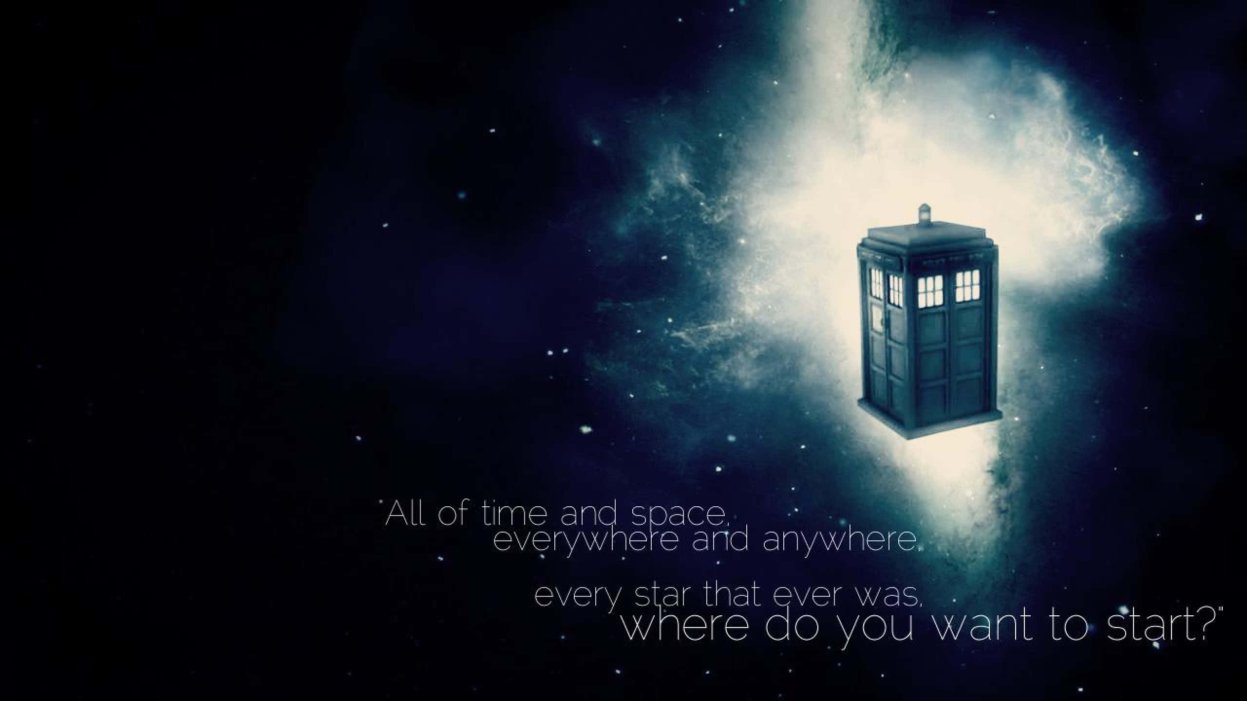 blue police box, glowing cosmic nebula, starry night sky, 2K Desktop Wallpaper