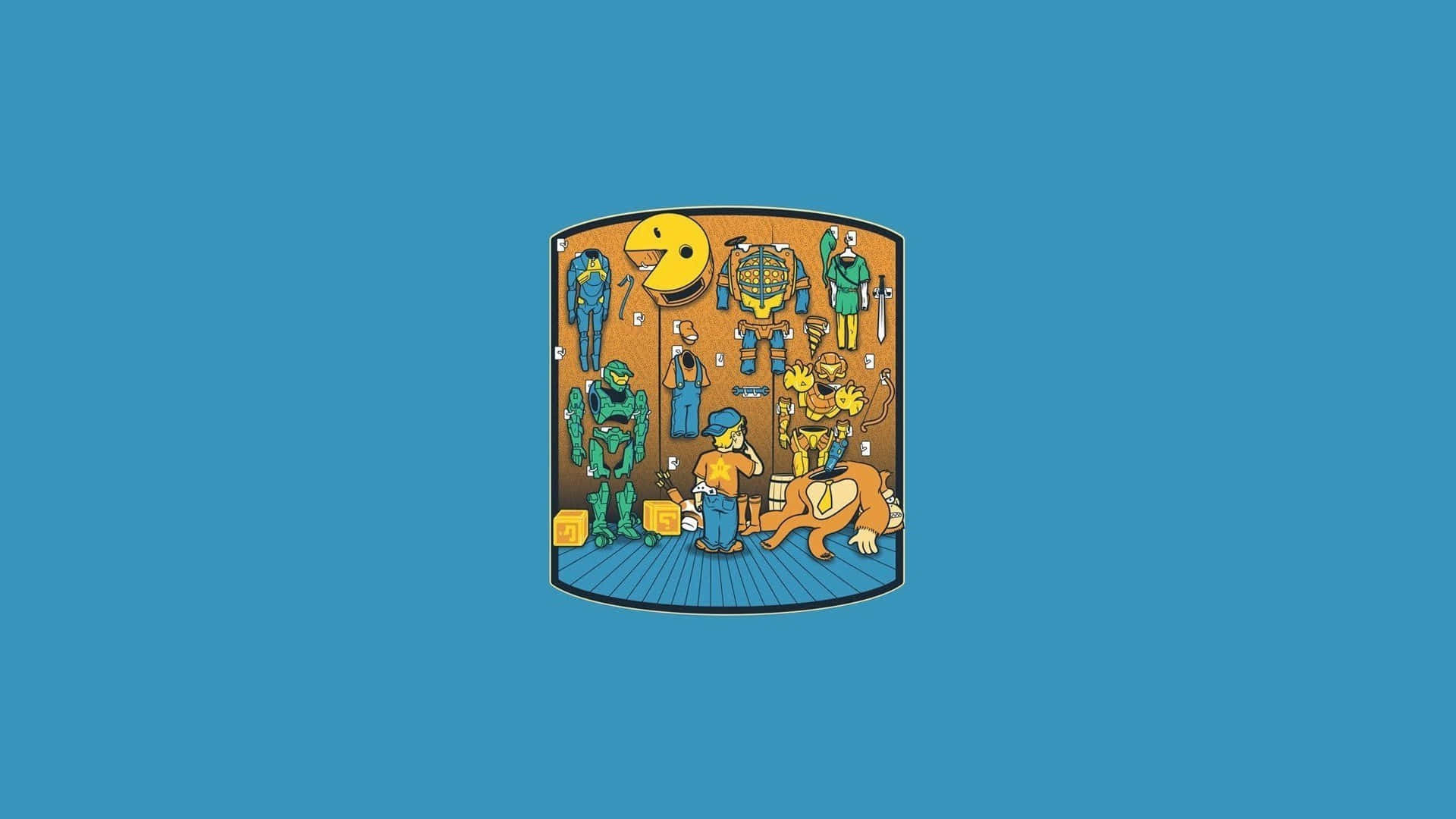 minimalist retro, retro arcade game character, collage, Full HD Desktop Wallpaper