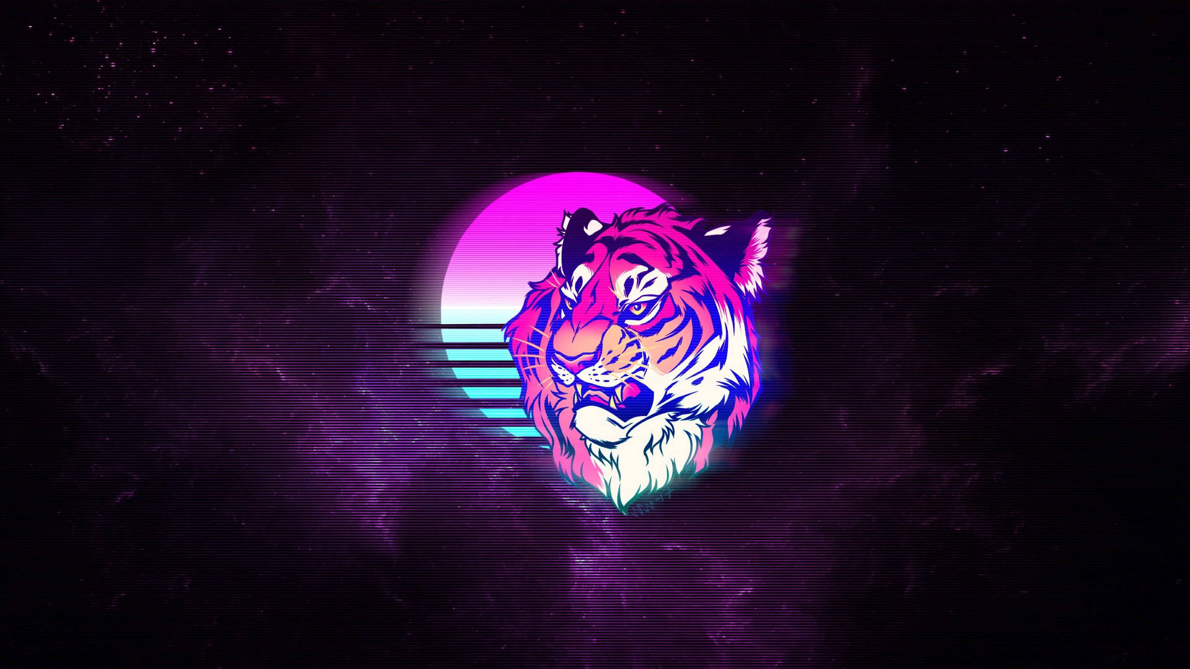 neon-pink tiger head, retro-futuristic sunset, horizontal stripes, 4K Desktop Wallpaper