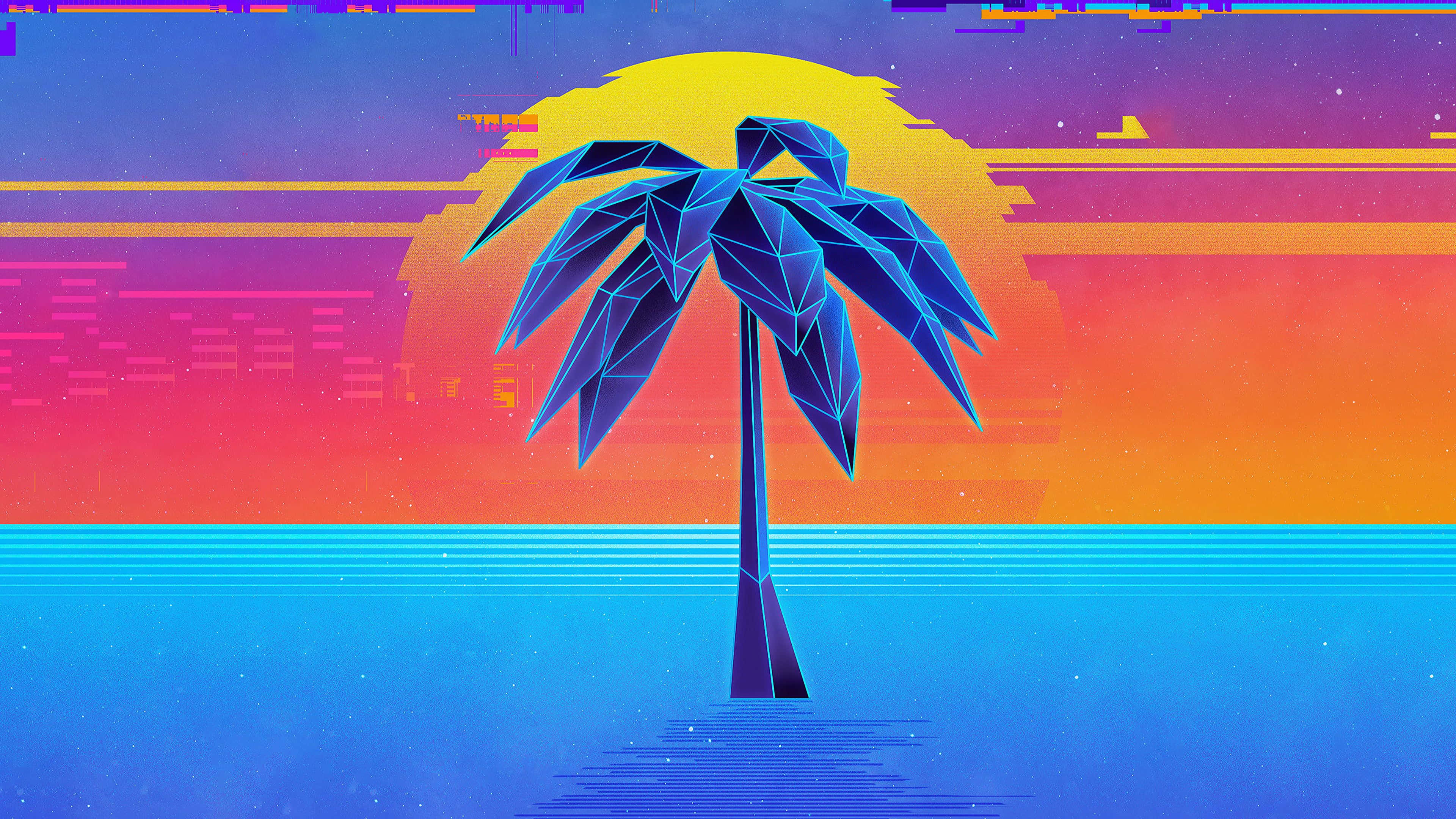 geometric blue palm tree, vibrant retro-futuristic waters, glitchy sunset sky, 4K Desktop Wallpaper
