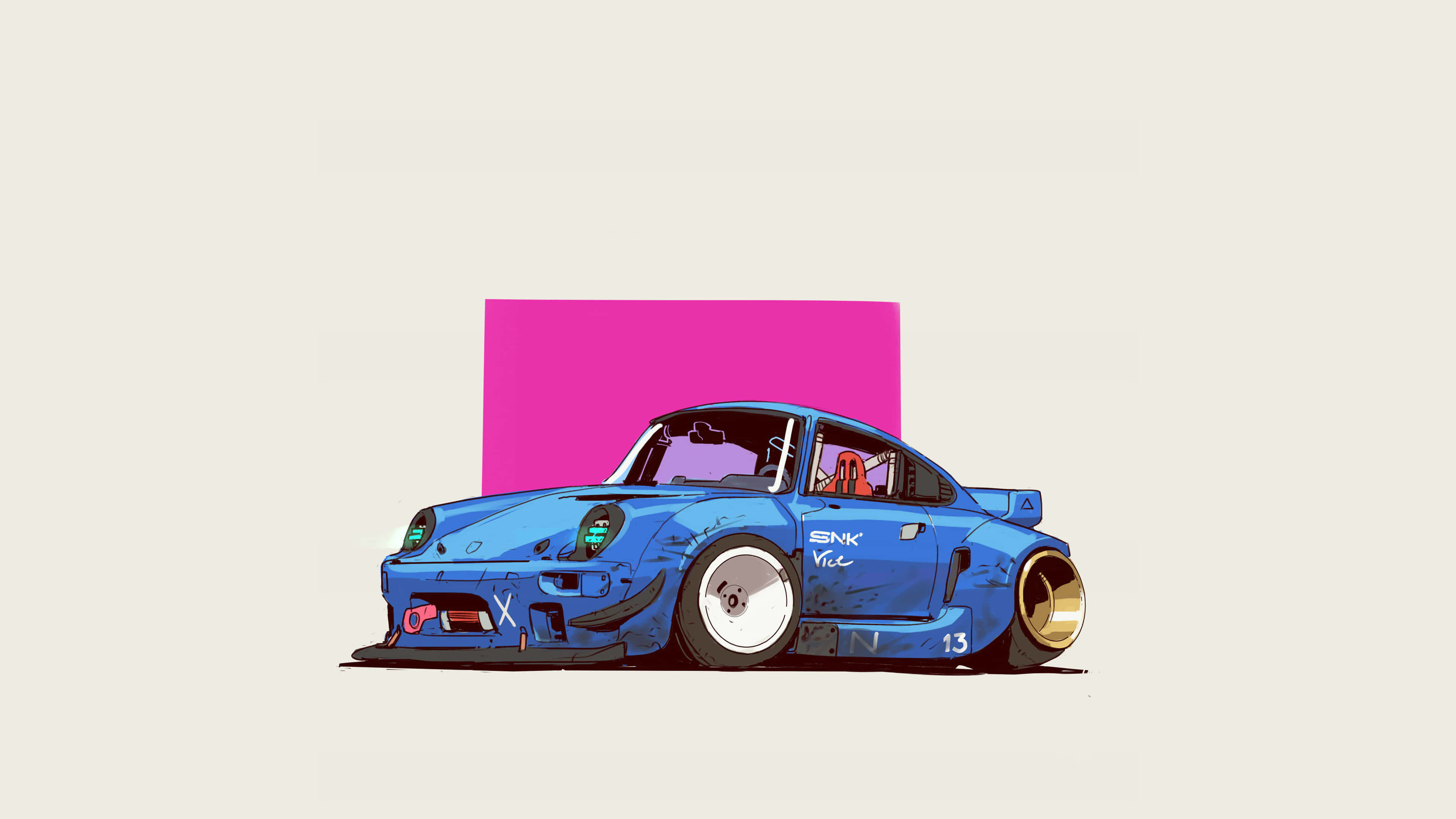 minimalist retro, vibrant blue, gold rims, 4K Desktop Wallpaper