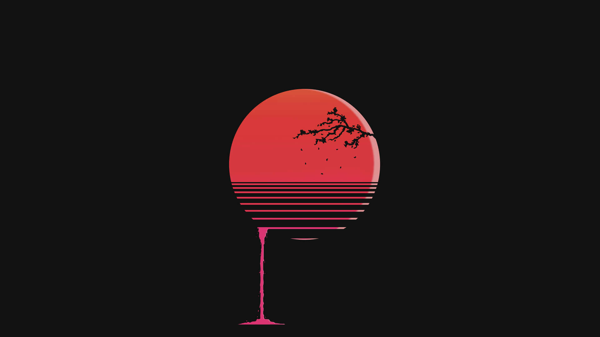 Minimalist Retro, red sun, black tree branch silhouette, Full HD Desktop Wallpaper