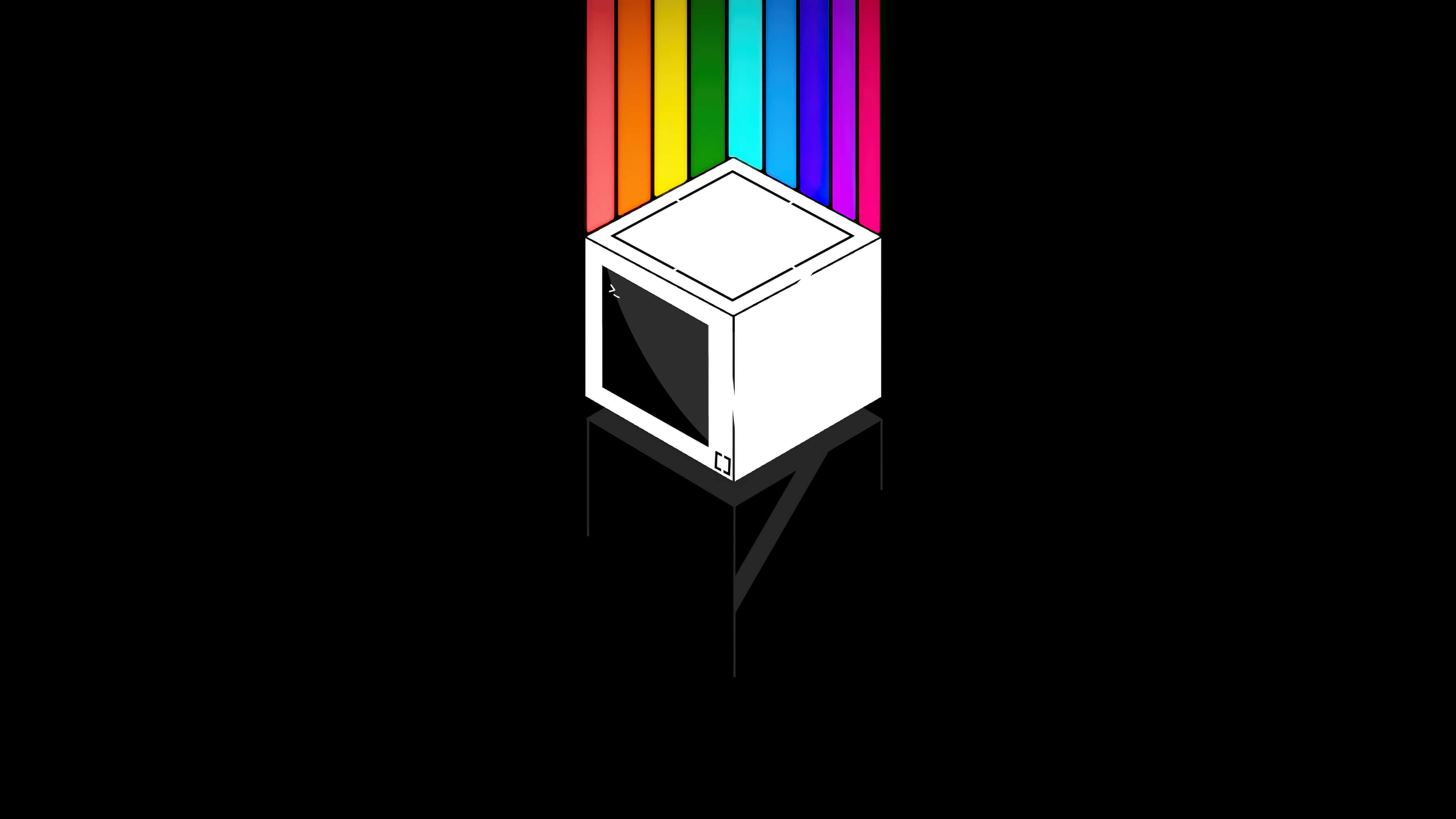 minimalist retro, white isometric cube, vibrant rainbow light beams, 4K Desktop Wallpaper