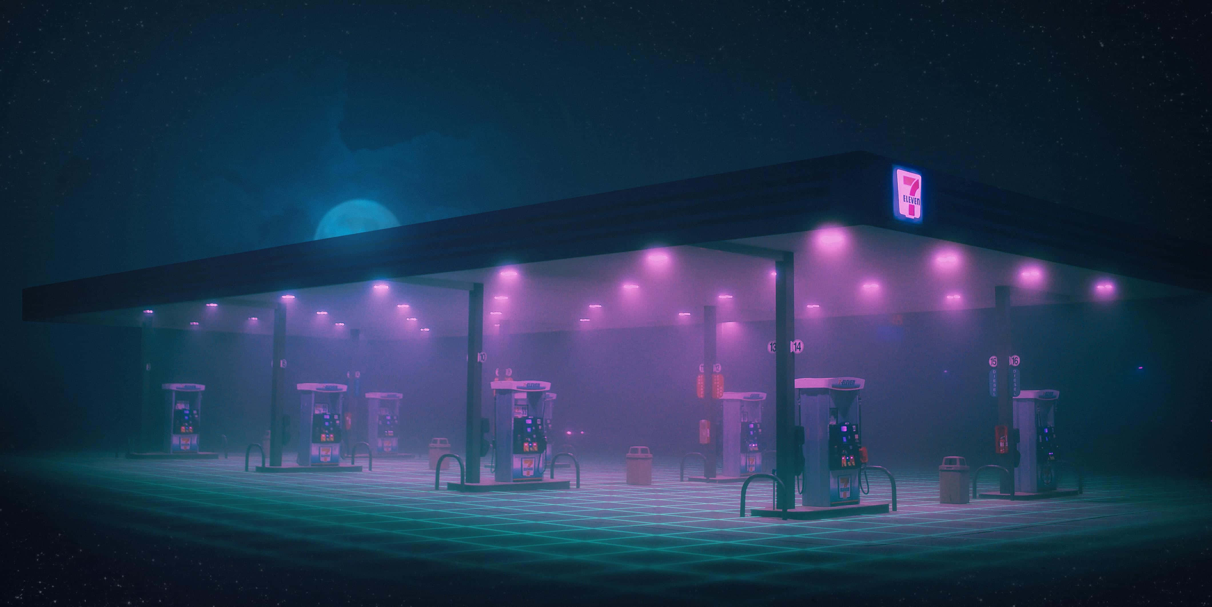 neon purple, neon teal, futuristic gas station, 4K Desktop Wallpaper