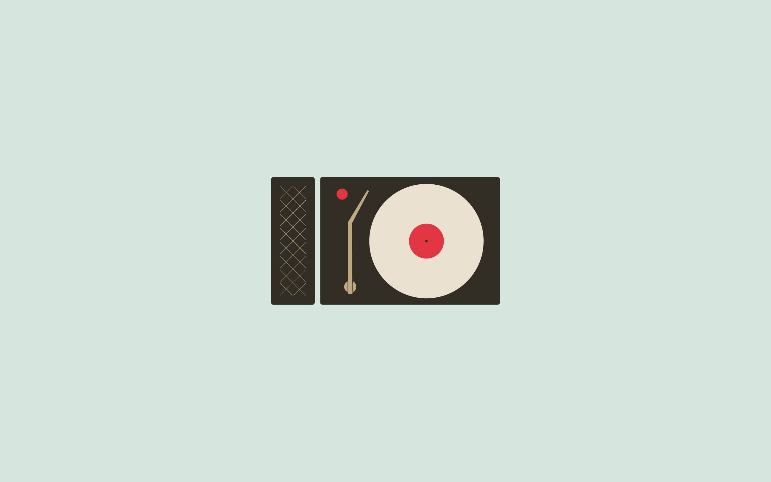vintage minimalist turntable, red center label, pale mint background, 2K Desktop Wallpaper