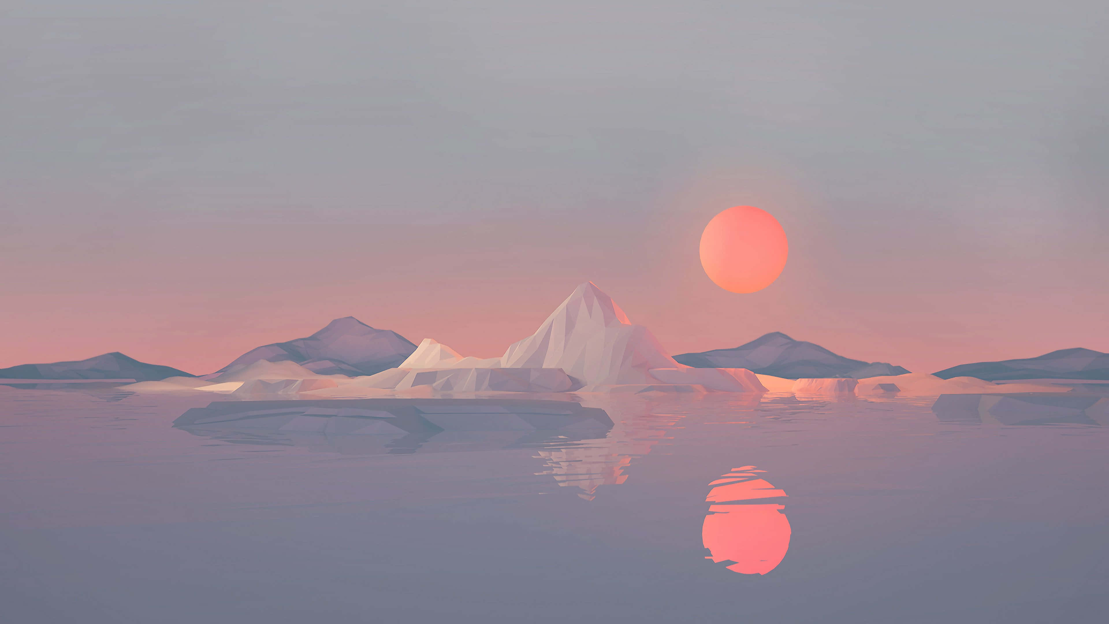 pink sunset, calm water, geometric icebergs, 4K Desktop Wallpaper