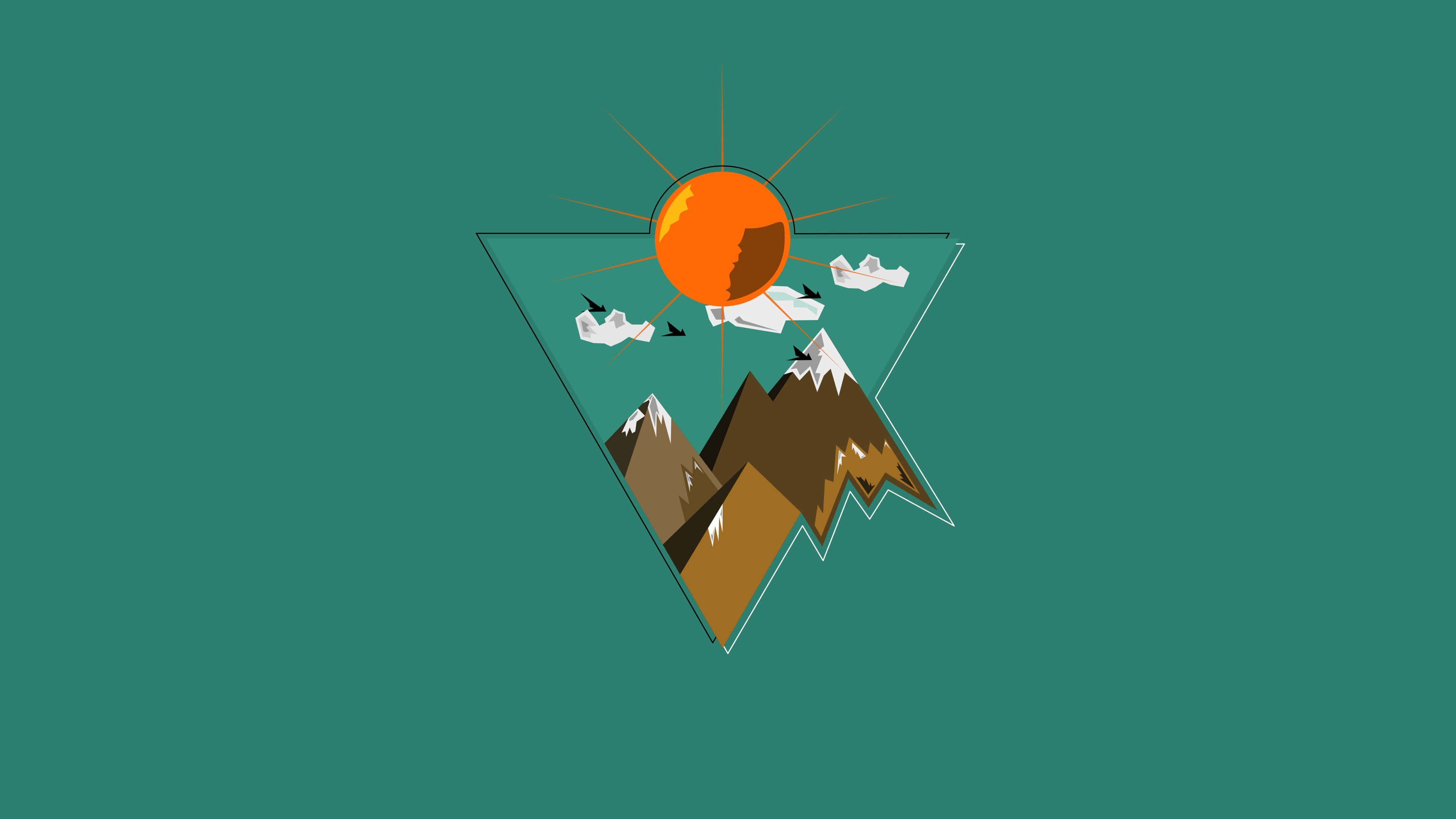 teal background, stylized triangular mountain, sun, 4K Desktop Wallpaper