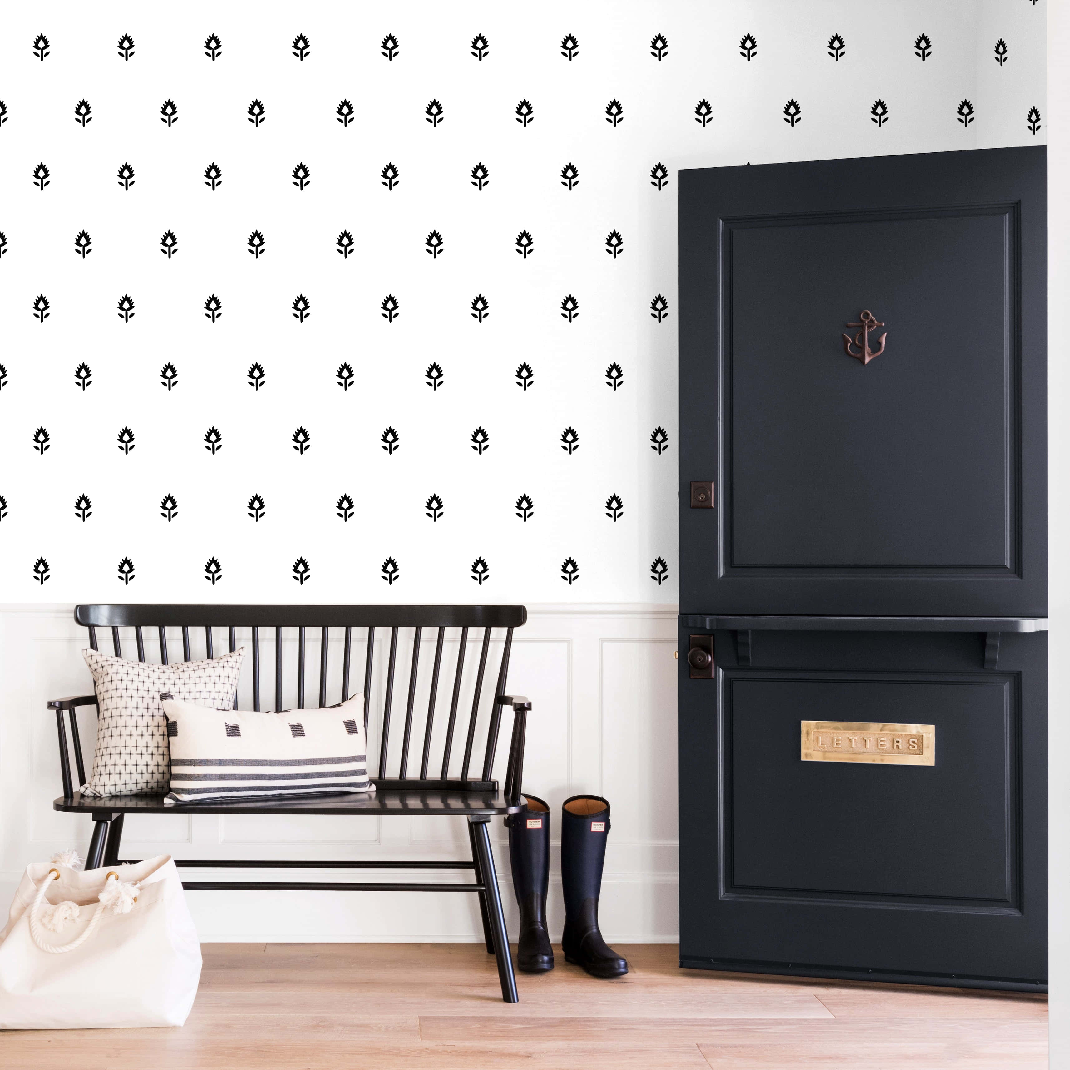 black bench, patterned pillows, black door, 2K Desktop Wallpaper