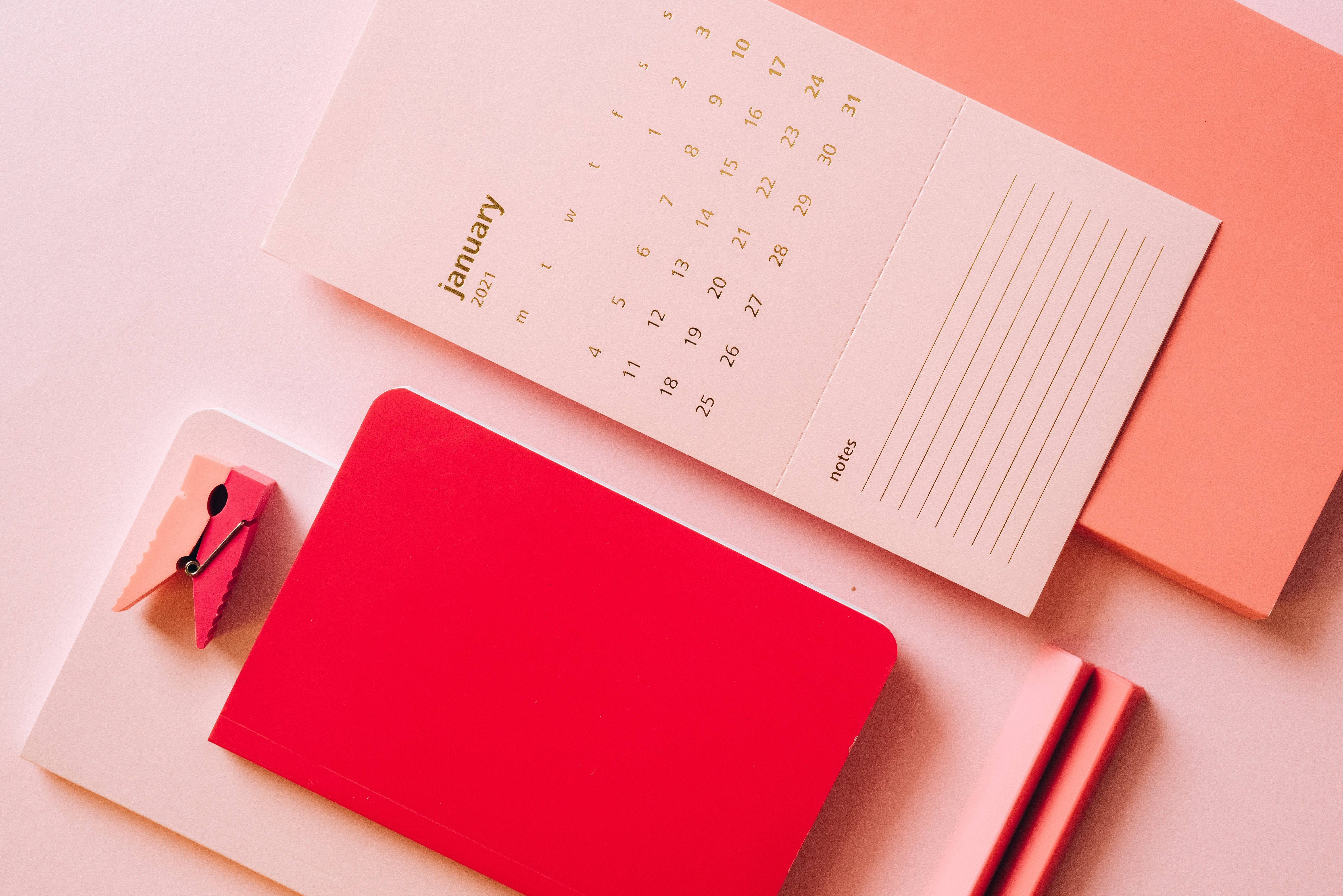 red notebook, January 2021 calendar, coral stationery, 5K Desktop Wallpaper