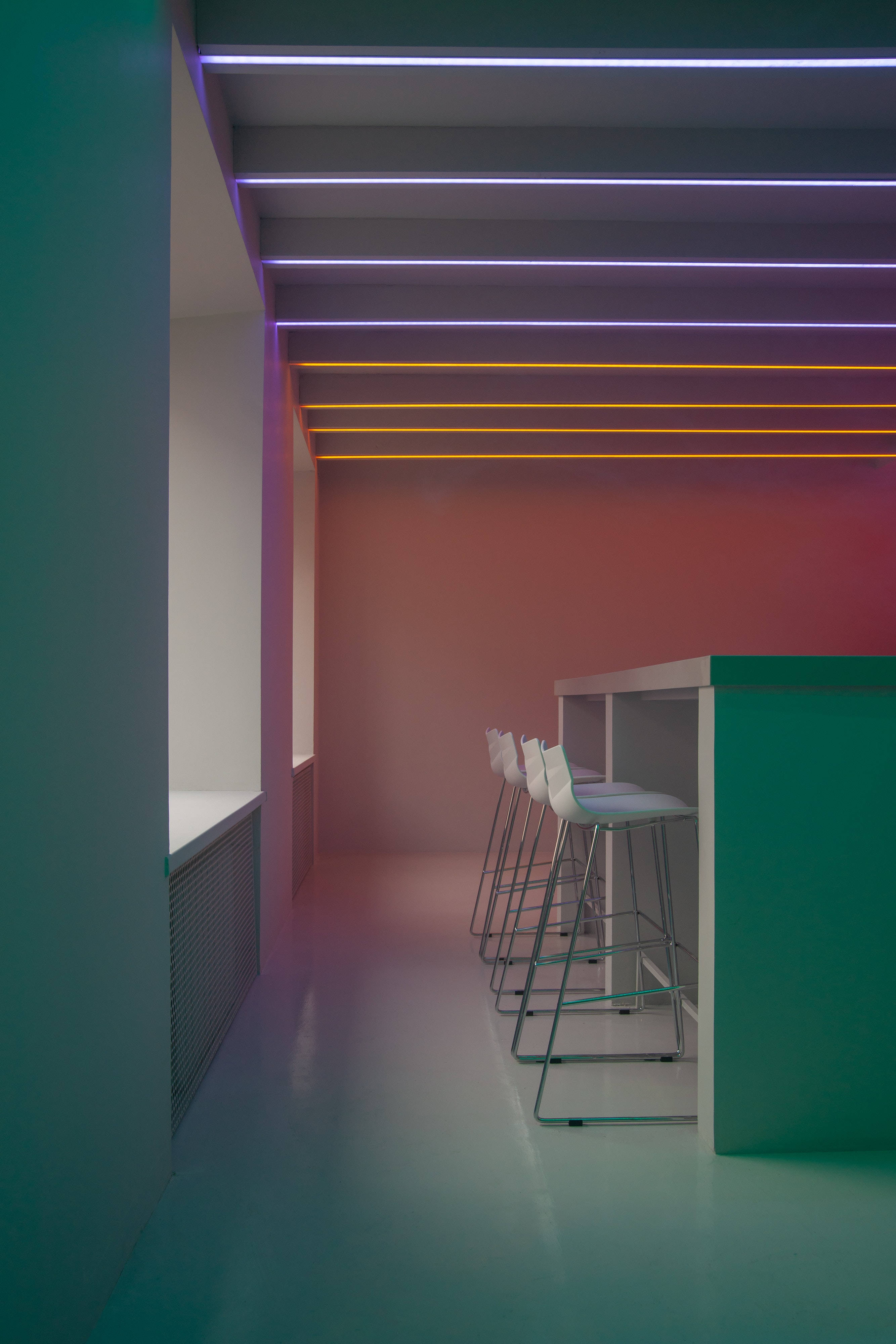 green minimalist room, sophisticated green minimalist space, gradient neon lights, 4K Phone Wallpaper