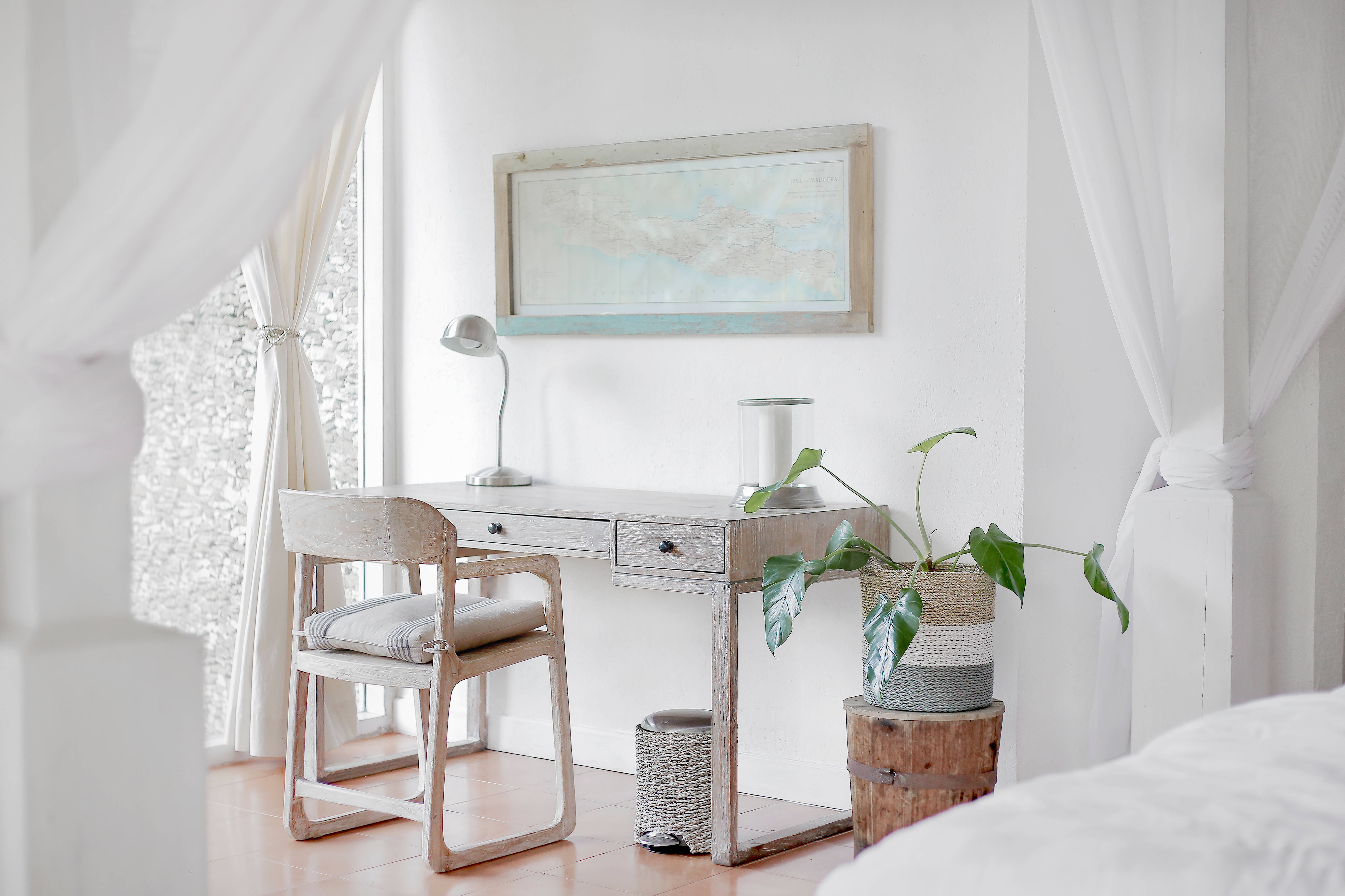 white bedroom nook, wooden desk chair, potted plant, 5K Desktop Wallpaper