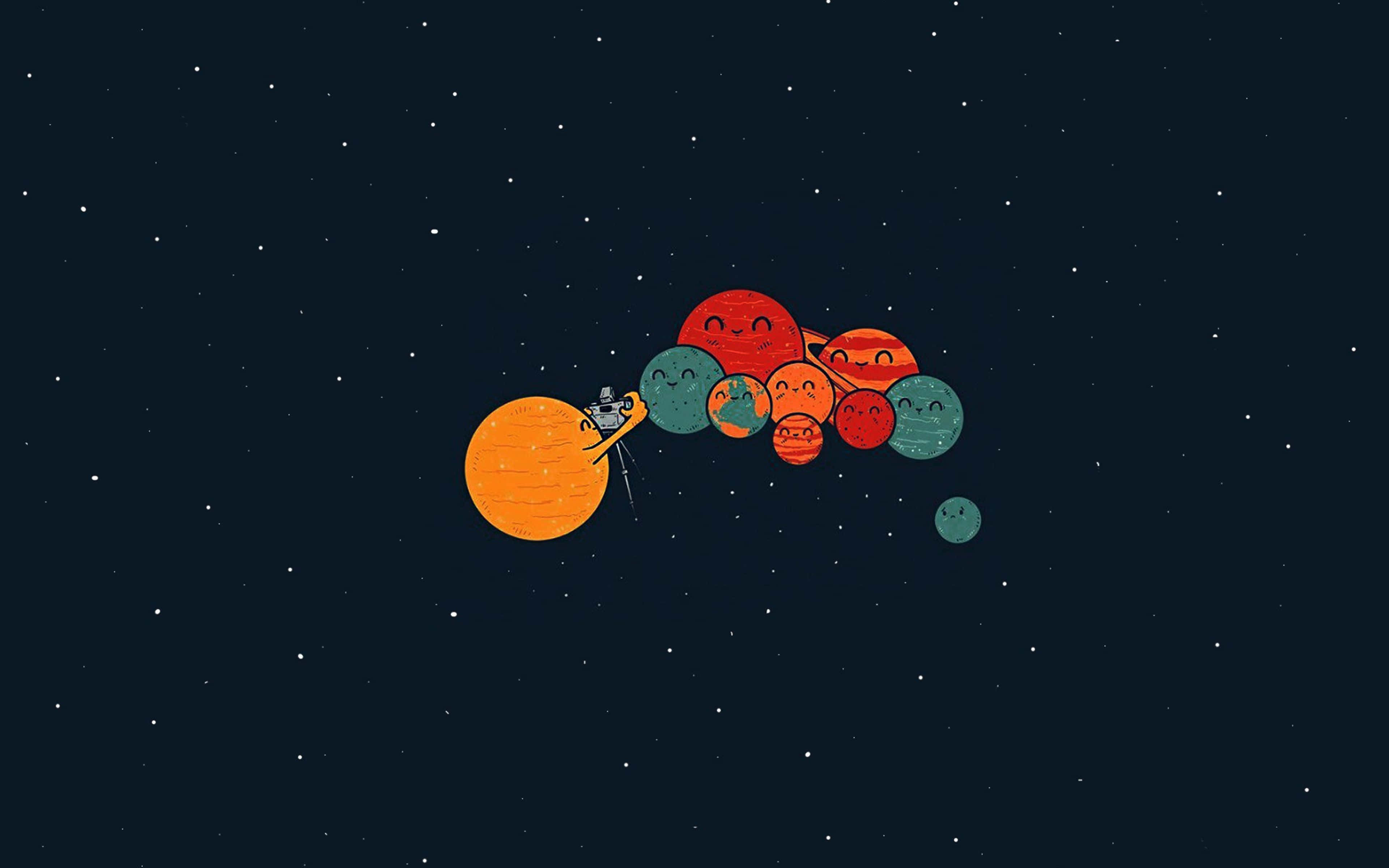 minimalist space, astronaut, smiling cartoon planets, 4K Desktop Wallpaper